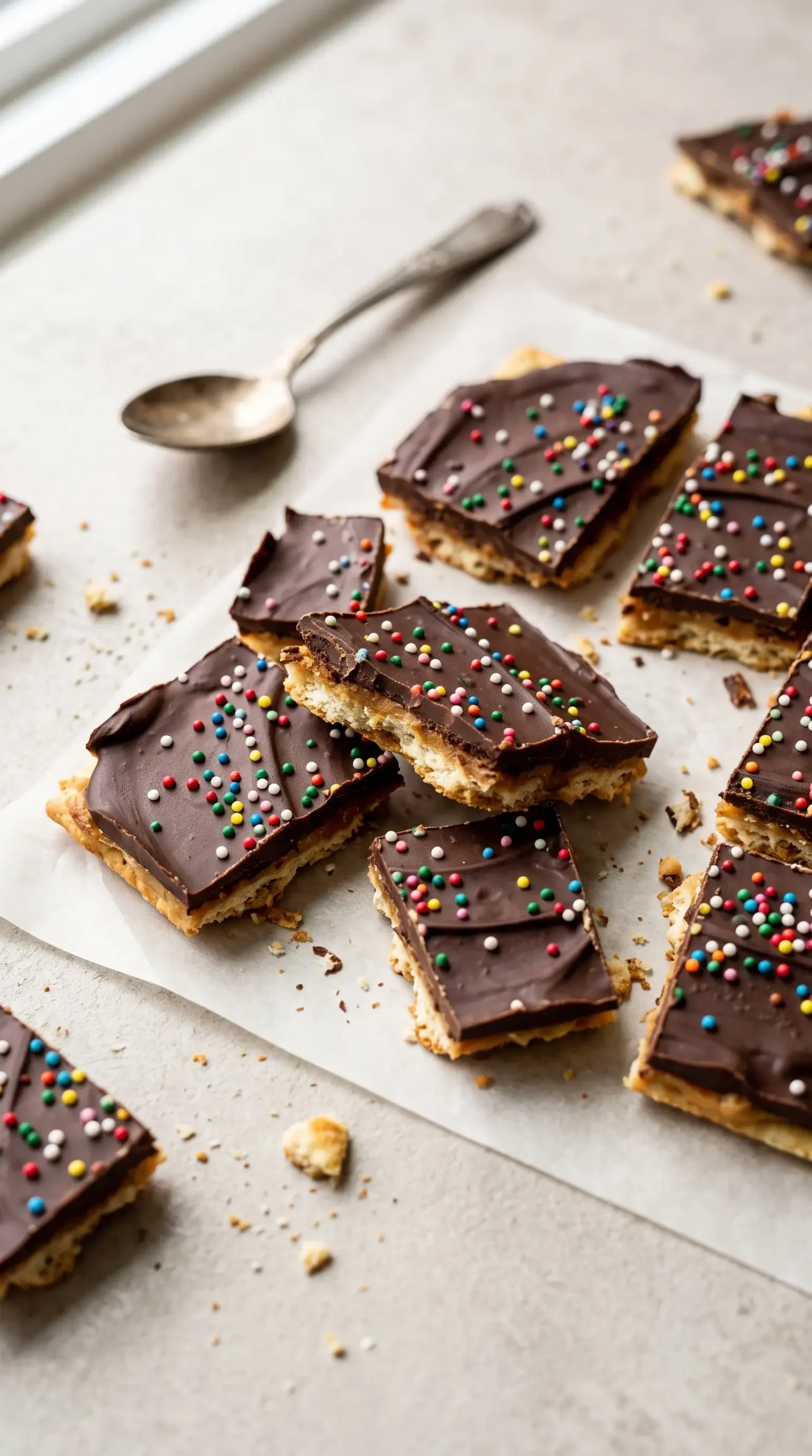Finished chocolate peanut butter saltine toffee bars broken into small layered dessert pieces
