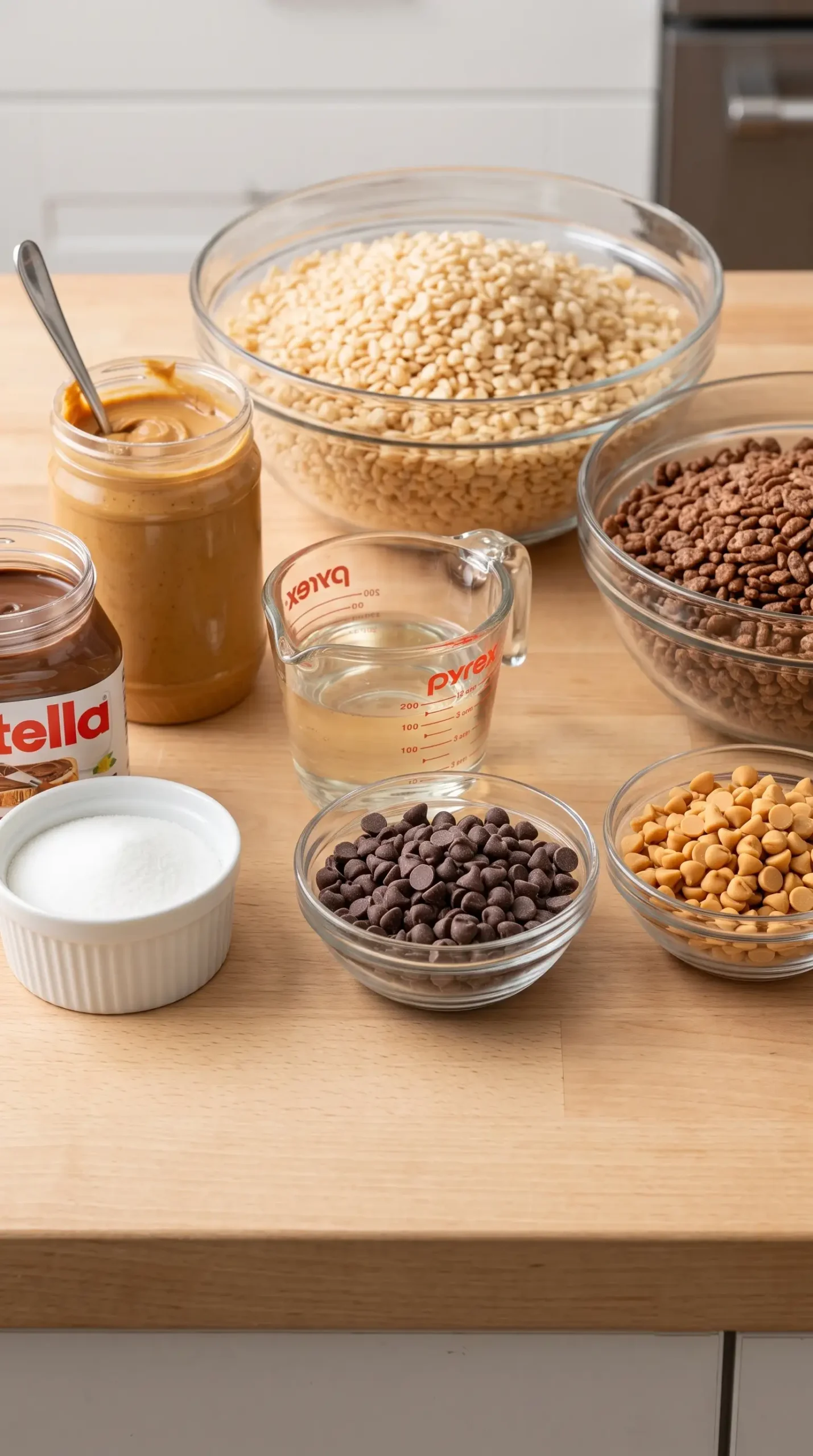 Ingredients for Chocolate Scotcheroos with Rice Krispies, Cocoa Krispies, peanut butter, and Nutella
