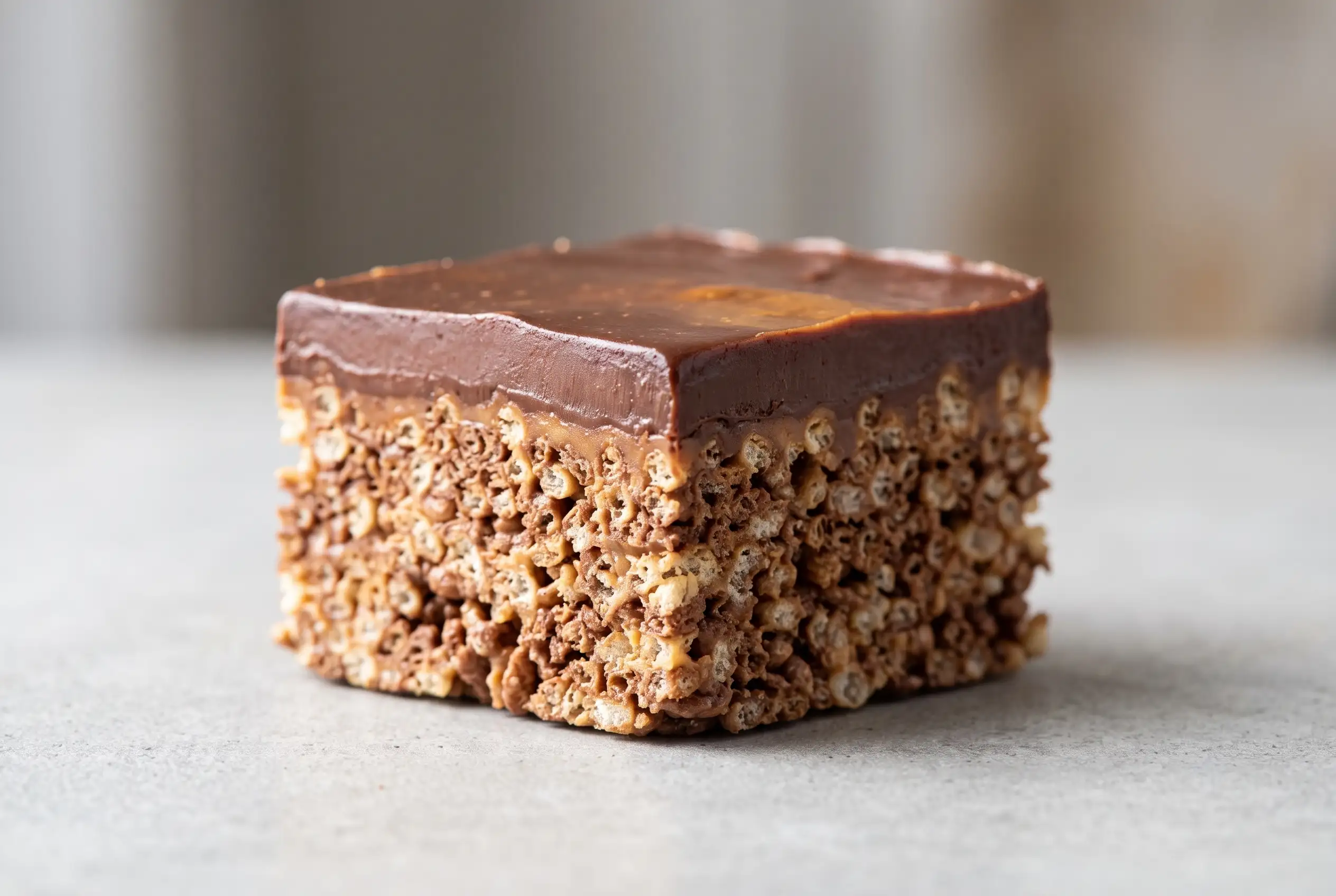 Chocolate Scotcheroos bar with peanut butter cereal base and glossy chocolate butterscotch topping