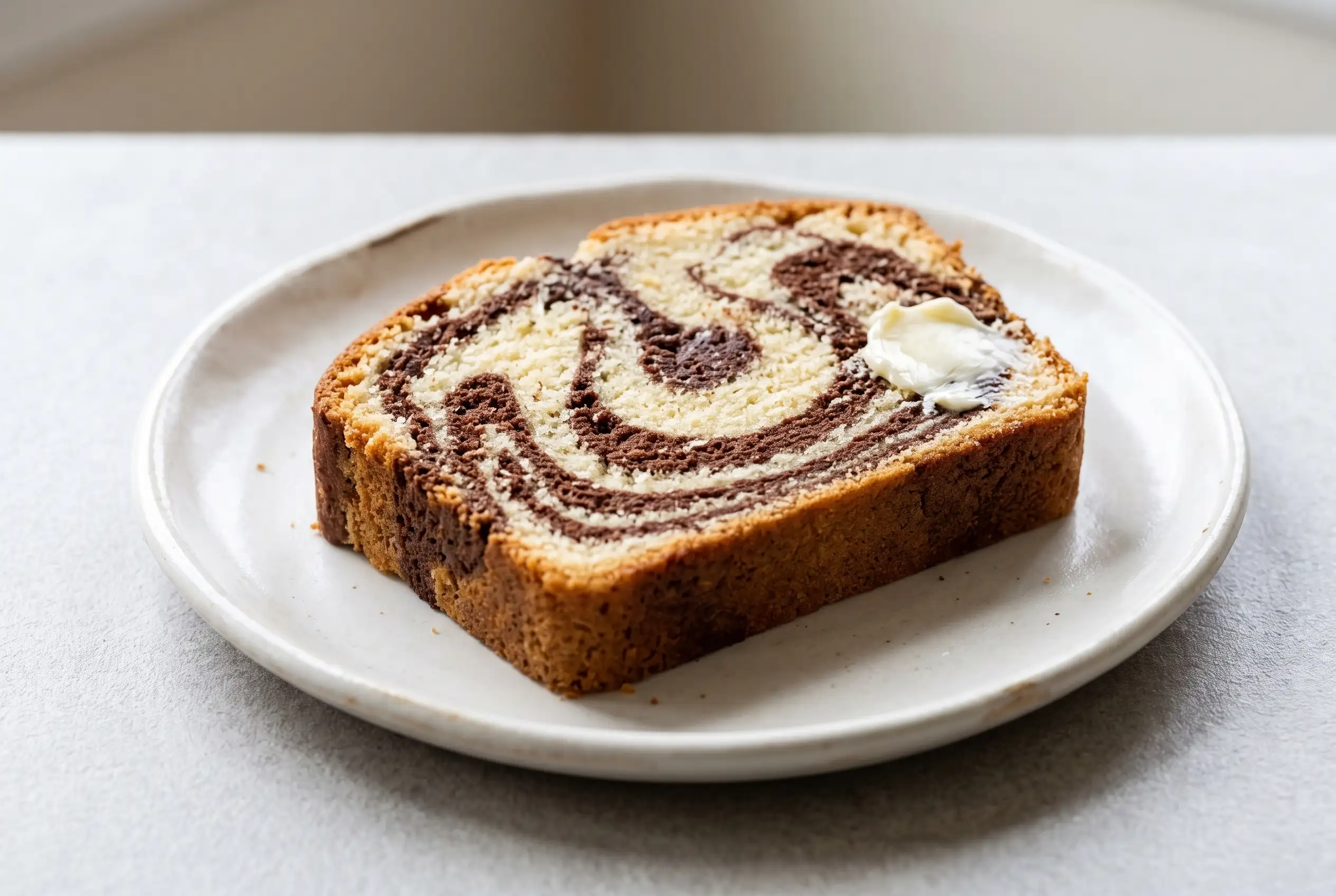 Slice of marble loaf cake showing vanilla crumb and cocoa swirl pattern on a ceramic plate