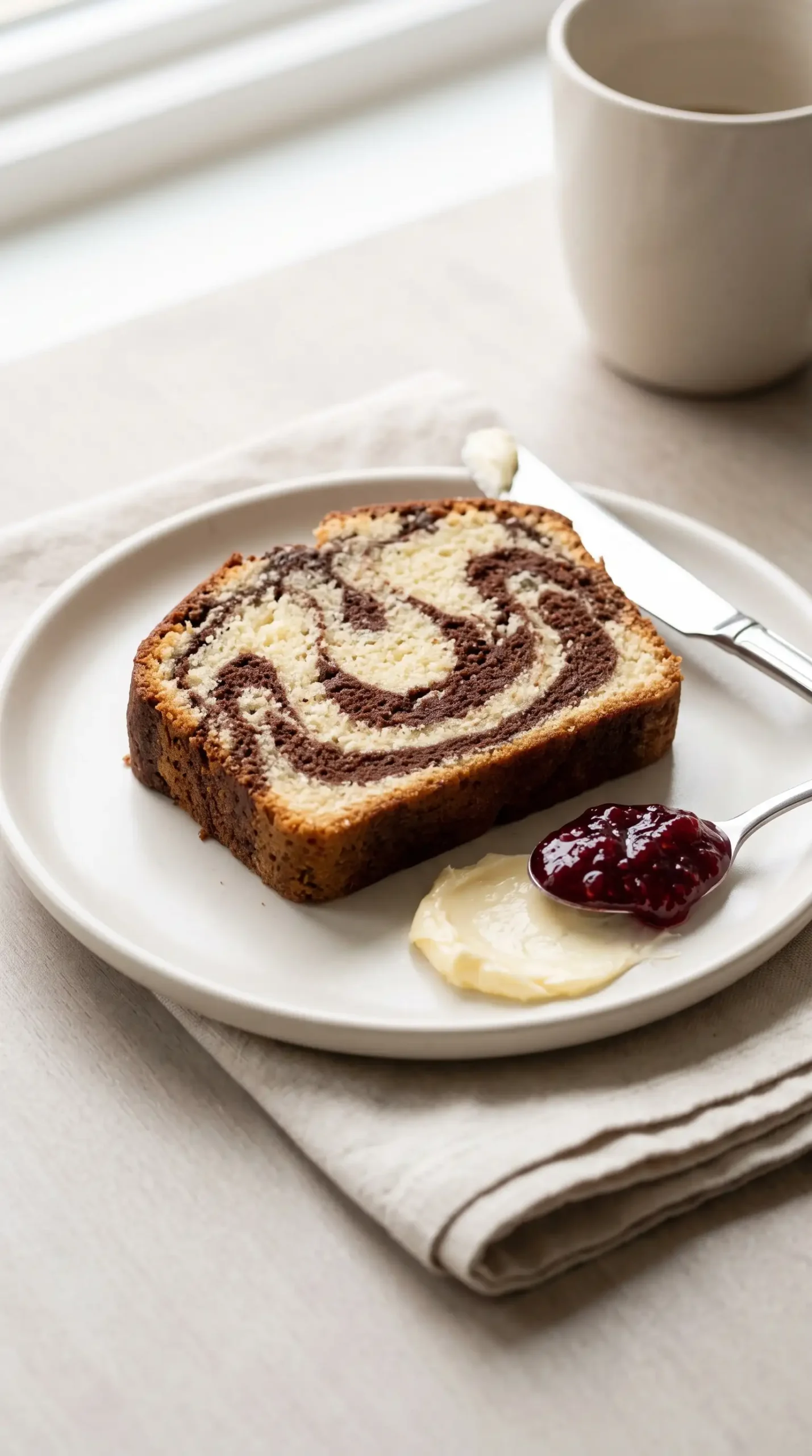 Slice of Chocolate Sweet Cream Marble Loaf with cocoa swirl, butter, and jam on a plate