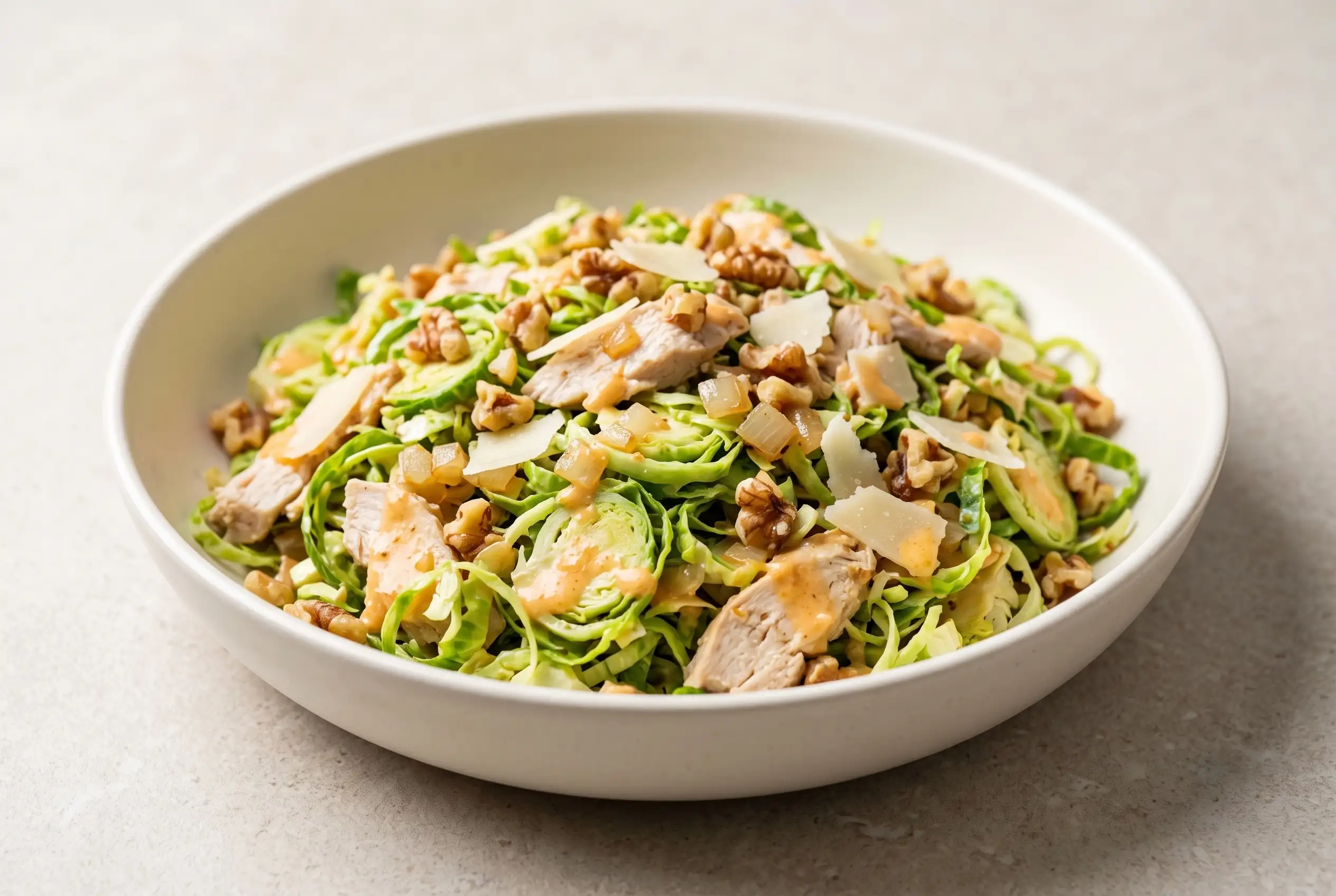 Brussels sprout salad with chicken, walnuts, Parmesan, and creamy orange dressing in a bowl