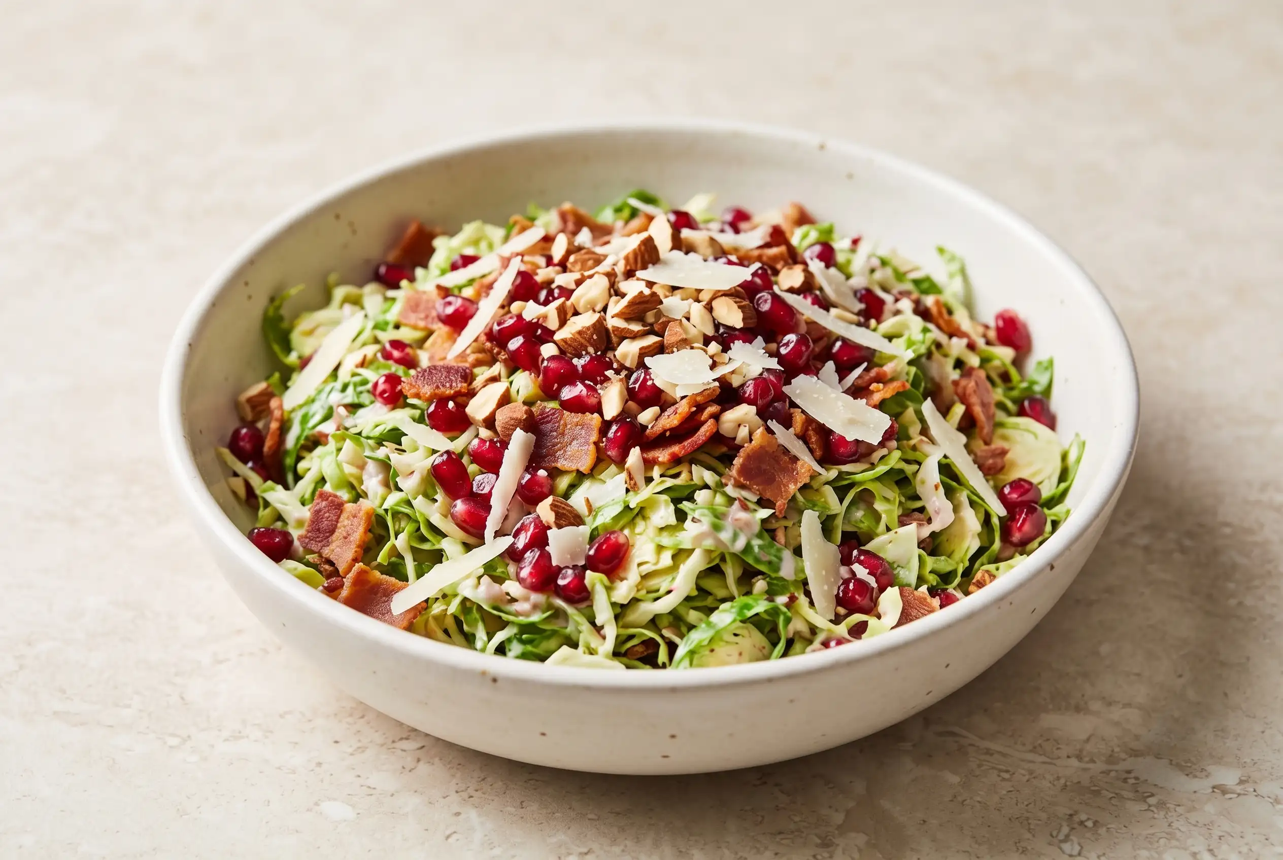 Chopped Brussels Sprout Salad Chopped Brussels sprout salad with shallot dressing, bacon, pomegranate, almonds, and Pecorino cheese