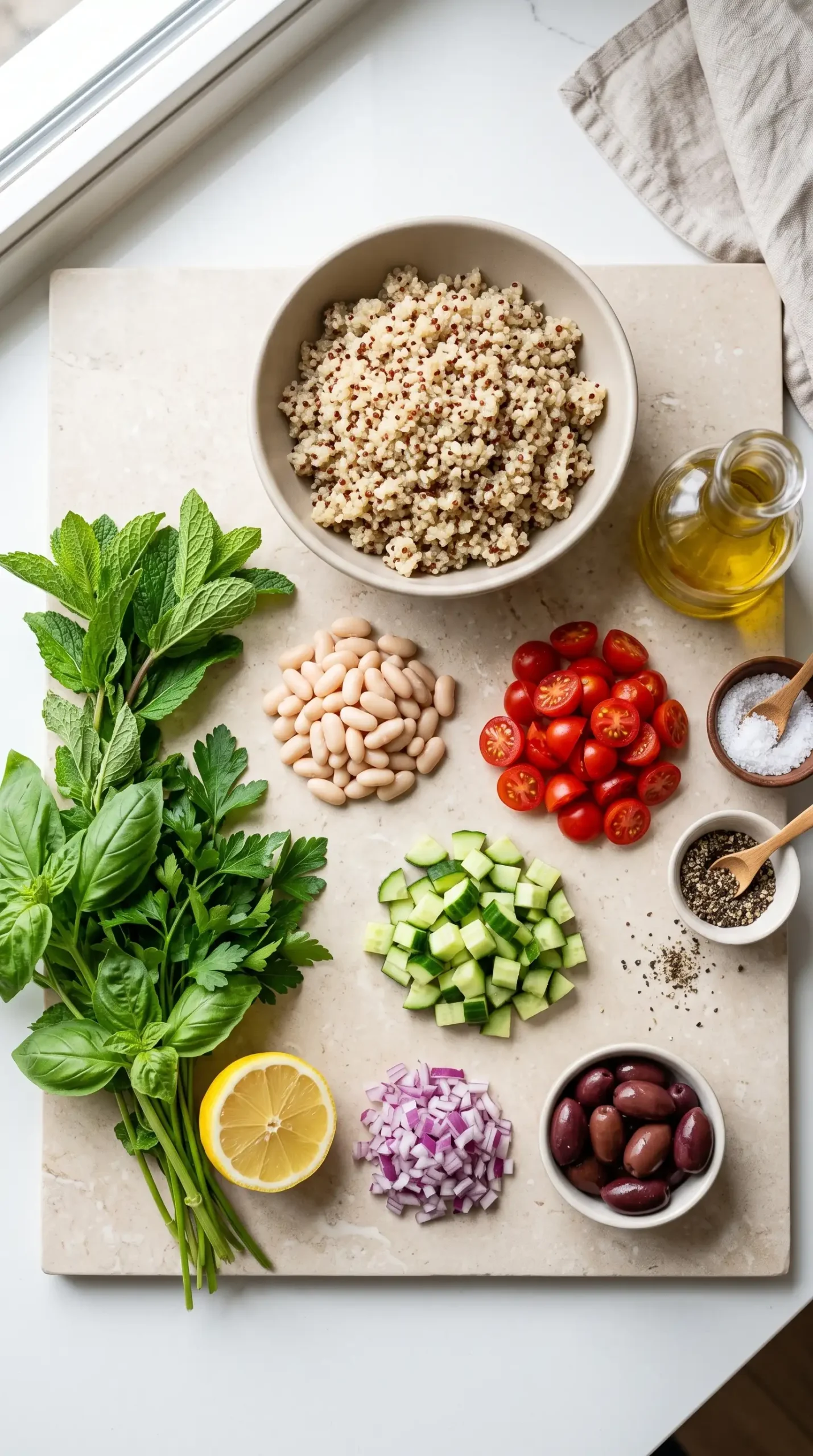Ingredients for chopped Greek salad with quinoa, white beans, vegetables, herbs, lemon, and olive oil