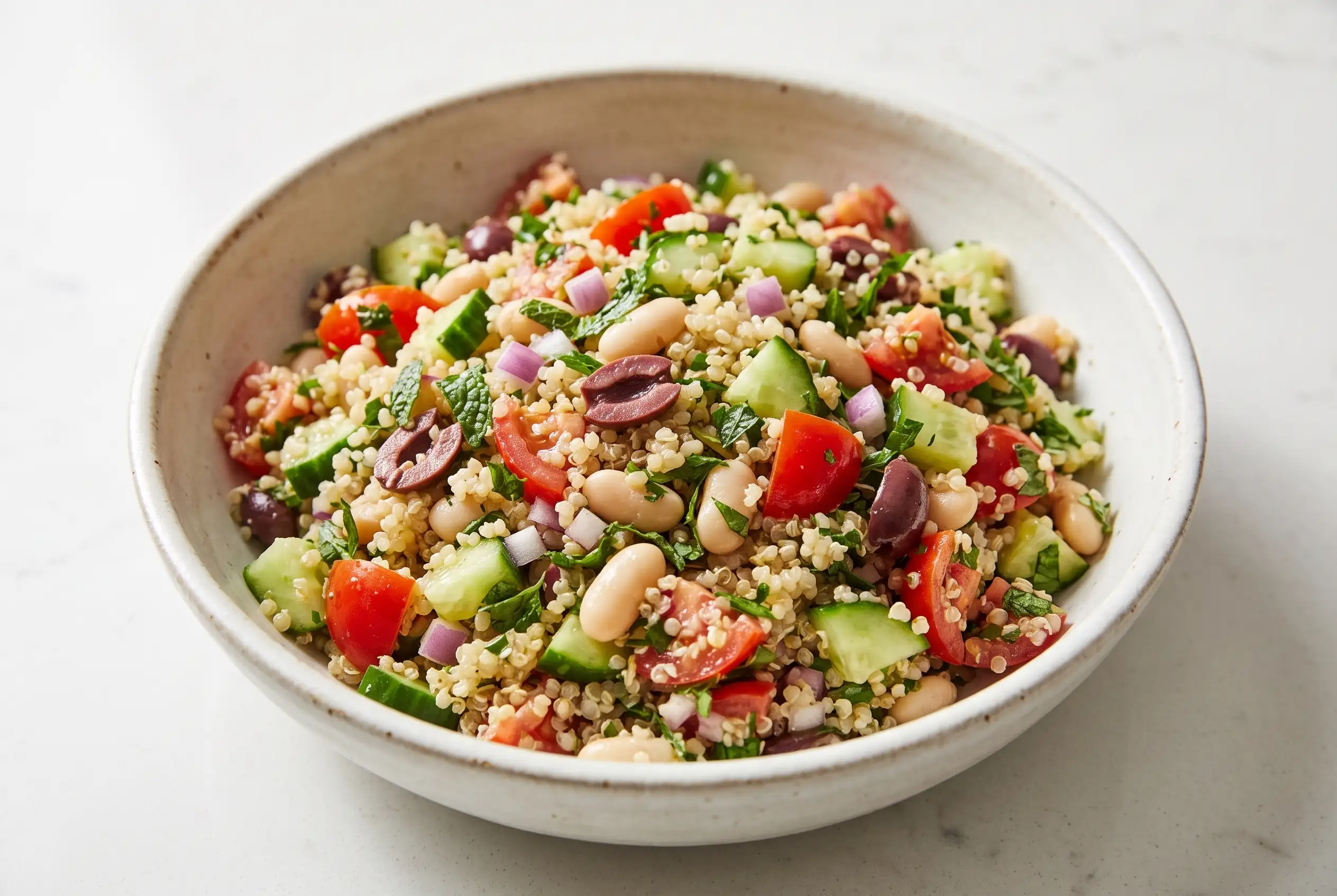 Chopped Greek Salad with Quinoa Chopped Greek salad with quinoa, white beans, vegetables, olives, and fresh herbs in a bowl