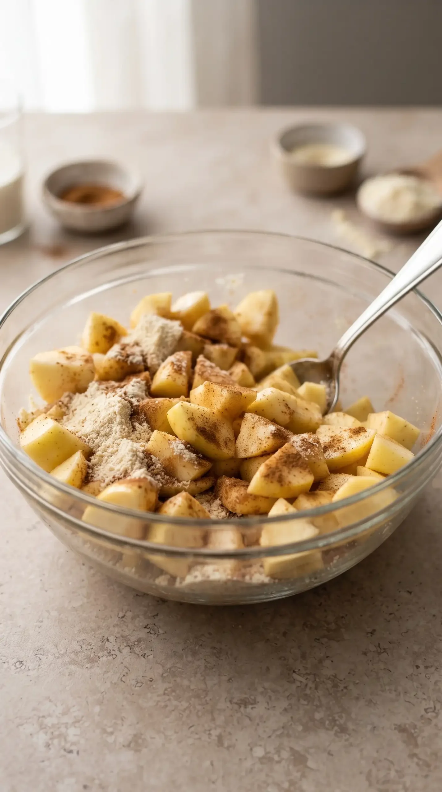 Chopped Opal apples coated with cinnamon and almond meal in a bowl