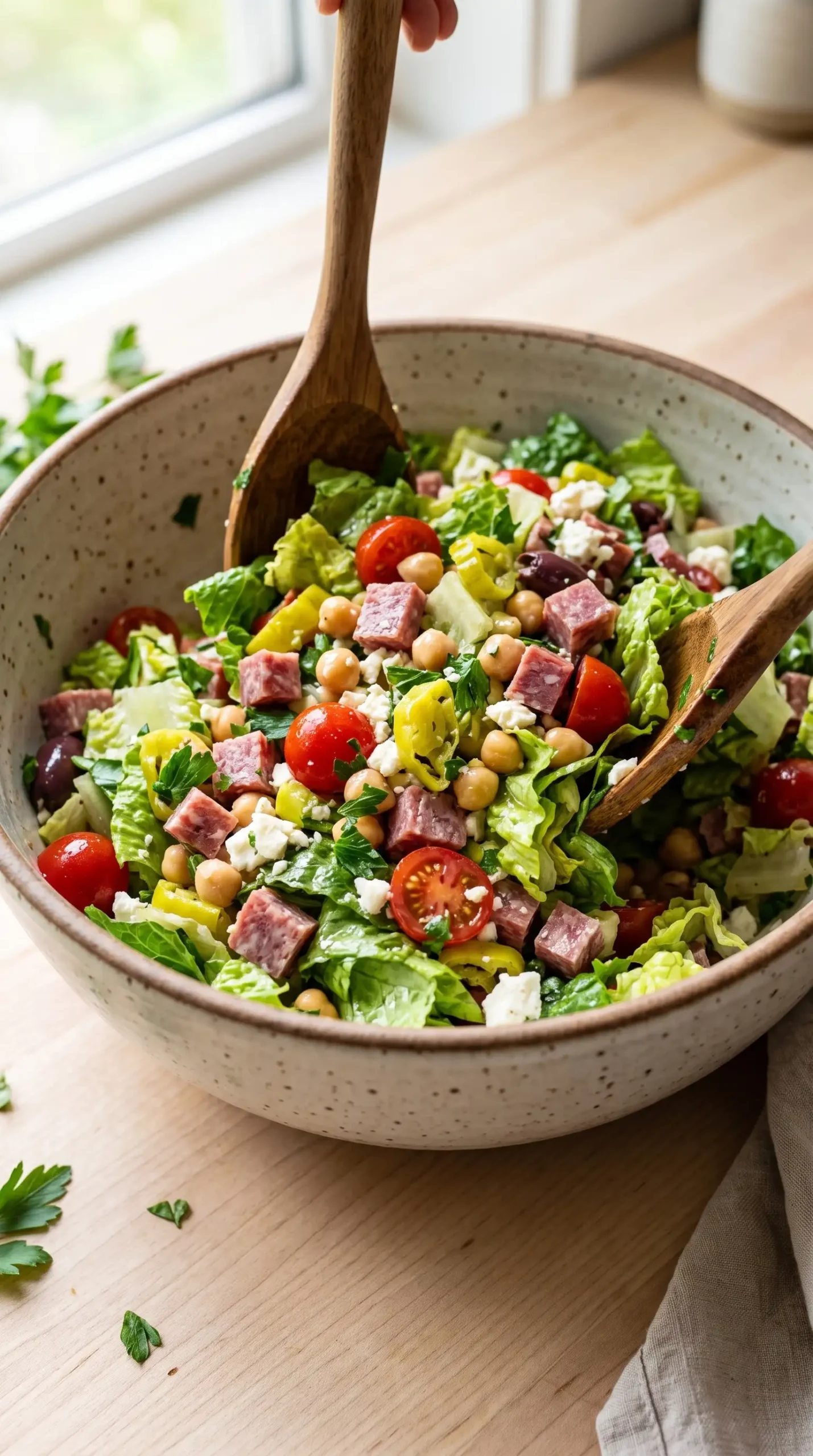 Bowl of chopped romaine salad ingredients tossed with dressing for pizza topping