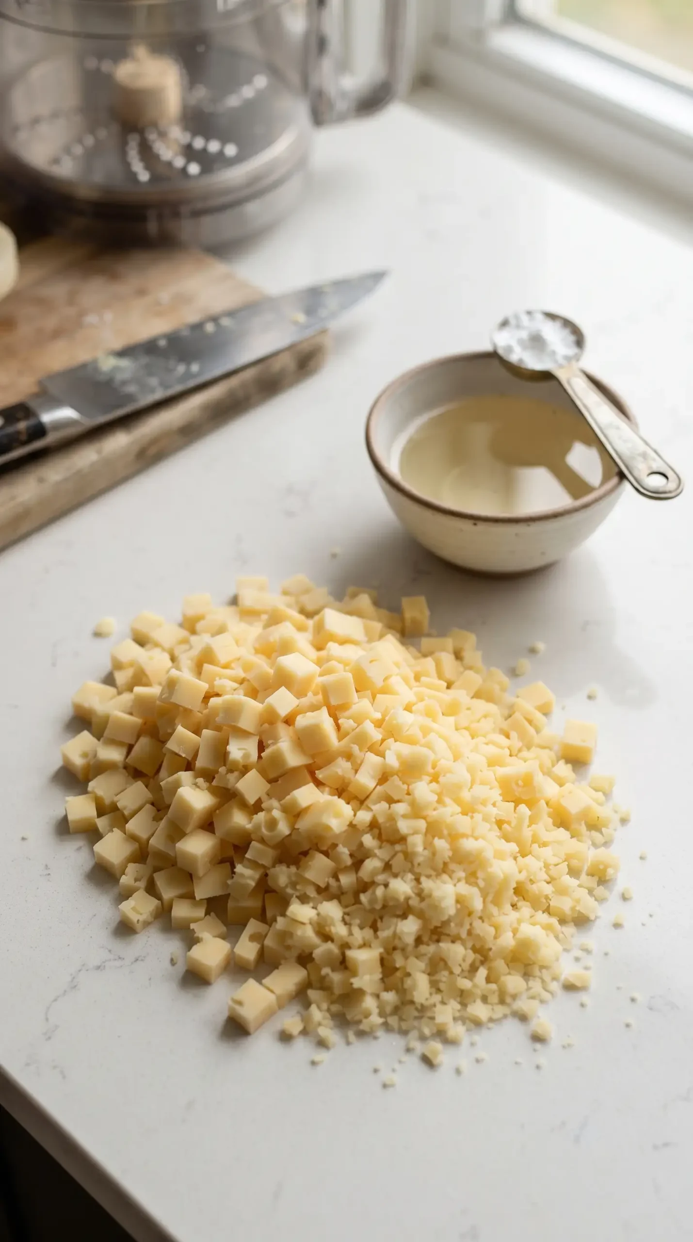 Professional food photography close-up of the key Swiss fondue cheese preparation stage, showing finely chopped Swiss cheese pieces on a clean light-colored kitchen surface beside a small bowl of dry white wine and a measuring spoon of cornstarch. The cheese should be the main subject, with the pieces visibly small and even to demonstrate preparation for smooth melting. Include minimal purposeful tools such as a chef's knife and food processor bowl in the background, natural soft lighting, realistic textures, no finished fondue pot, no decorative styling, editorial recipe photography.