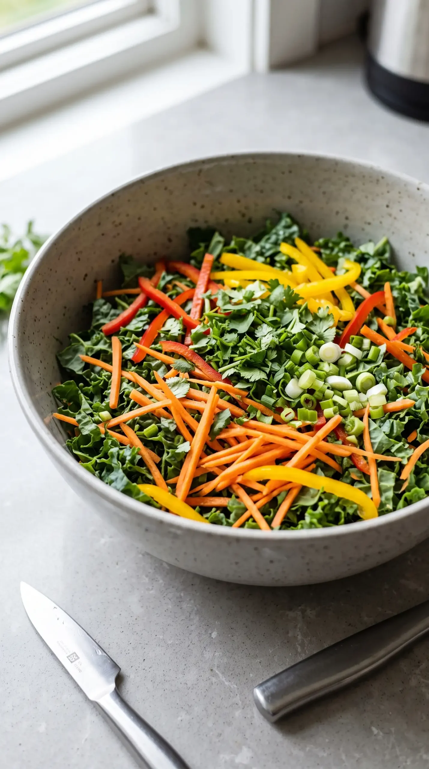 Shredded kale, carrots, peppers, cilantro, and green onions prepared for chopped Thai salad