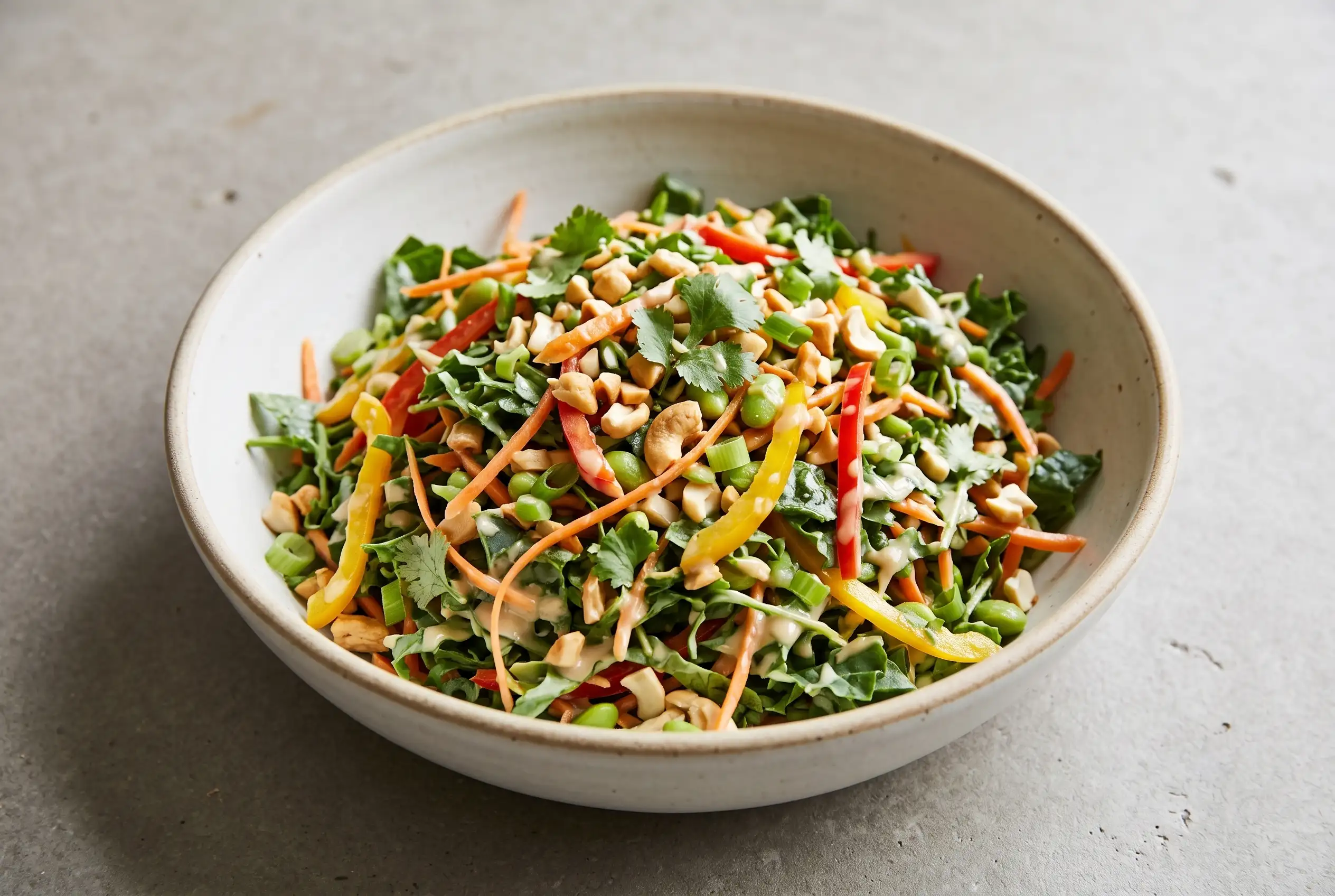 Chopped Thai Salad with sesame garlic dressing, kale, vegetables, edamame, and cashews in a bowl