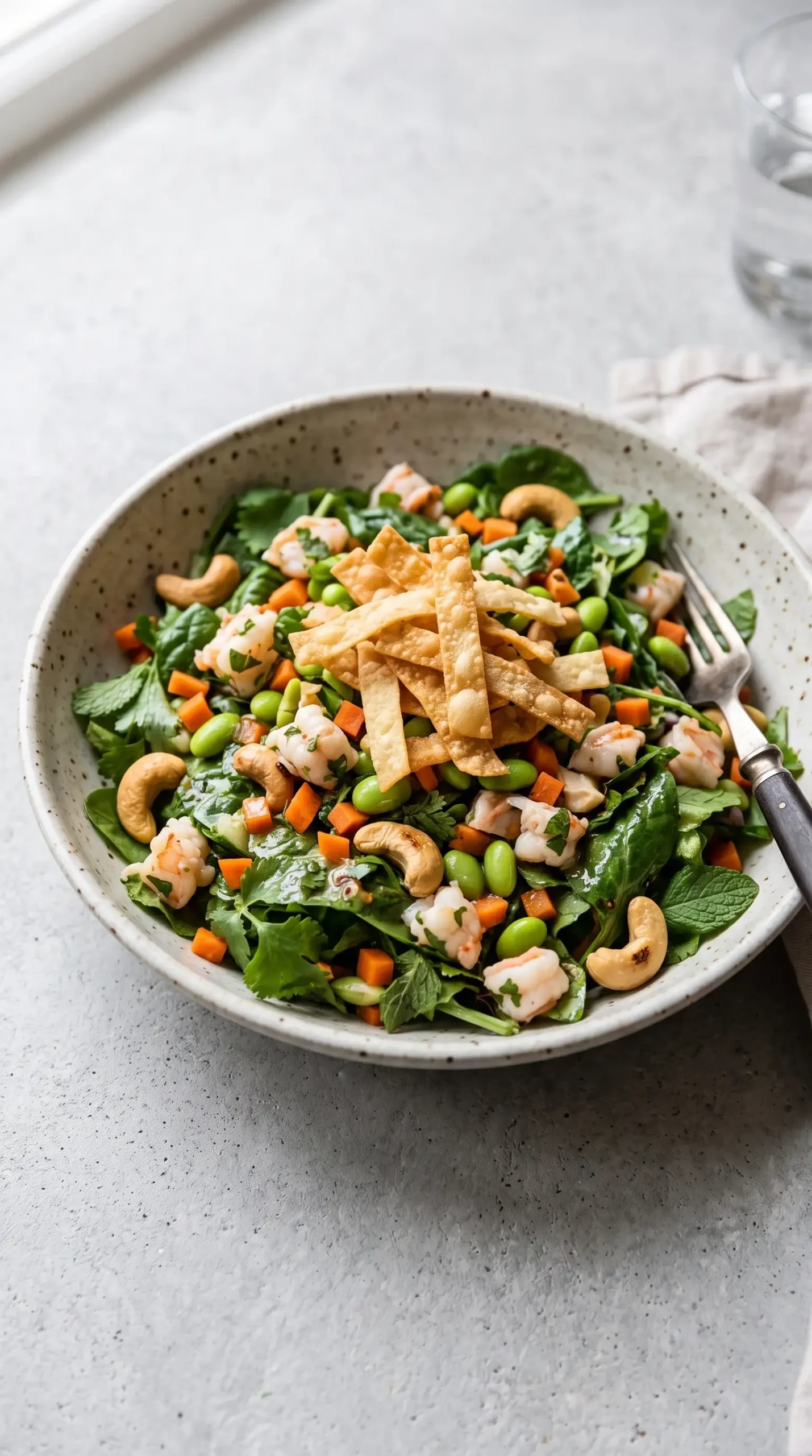 Chopped Thai shrimp salad with greens, carrots, edamame, cashews, and fresh herbs