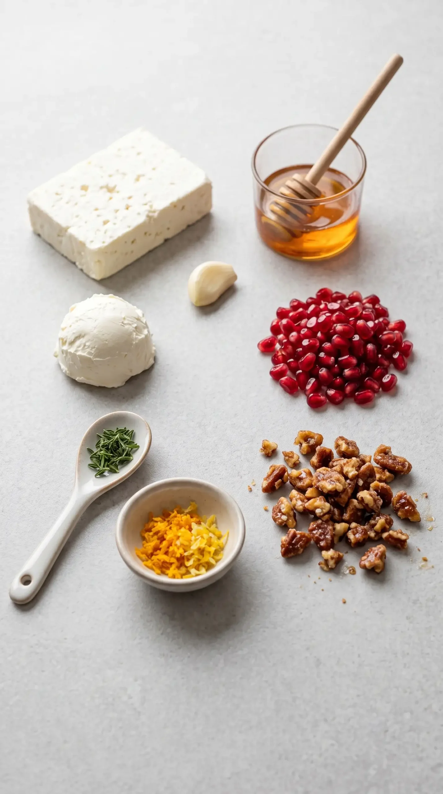 Ingredients for Christmas feta appetizer including feta, honey, pomegranate seeds, nuts, and thyme