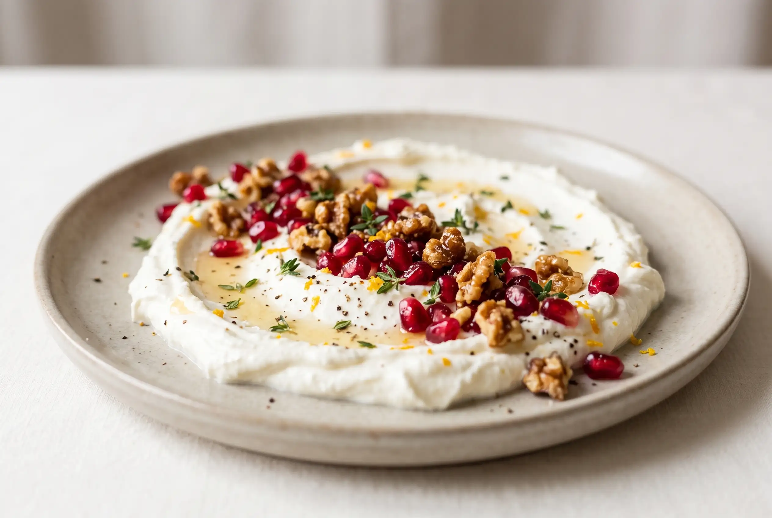Christmas Feta Appetizer with Pomegranate Christmas feta appetizer with whipped feta, pomegranate seeds, candied nuts, thyme, and honey drizzle
