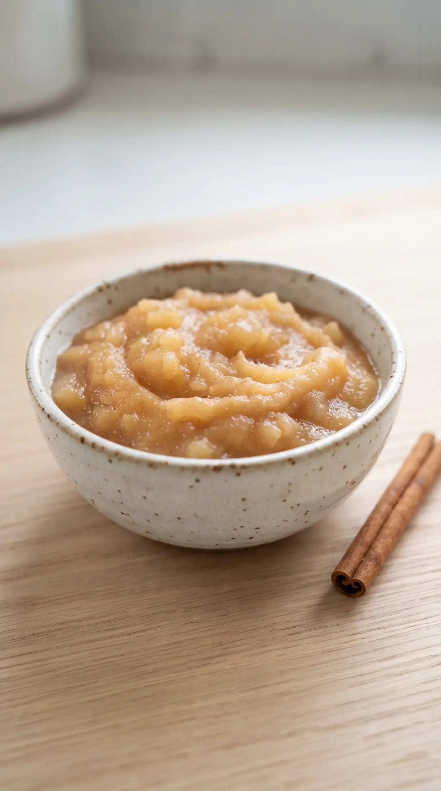 Bowl of chunky homemade applesauce with soft apple pieces and cinnamon flavor