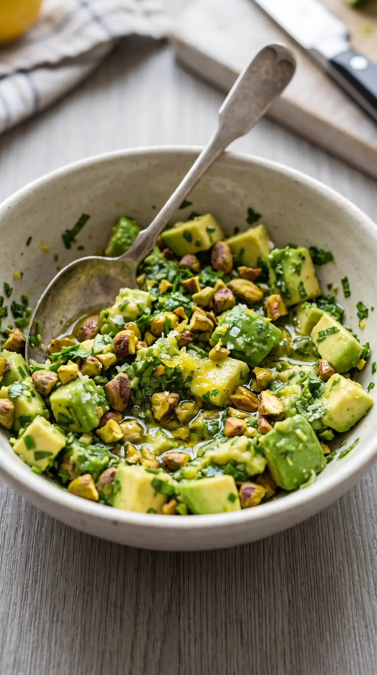 Chunky pistachio sauce with avocado, herbs, lemon, and chopped pistachios