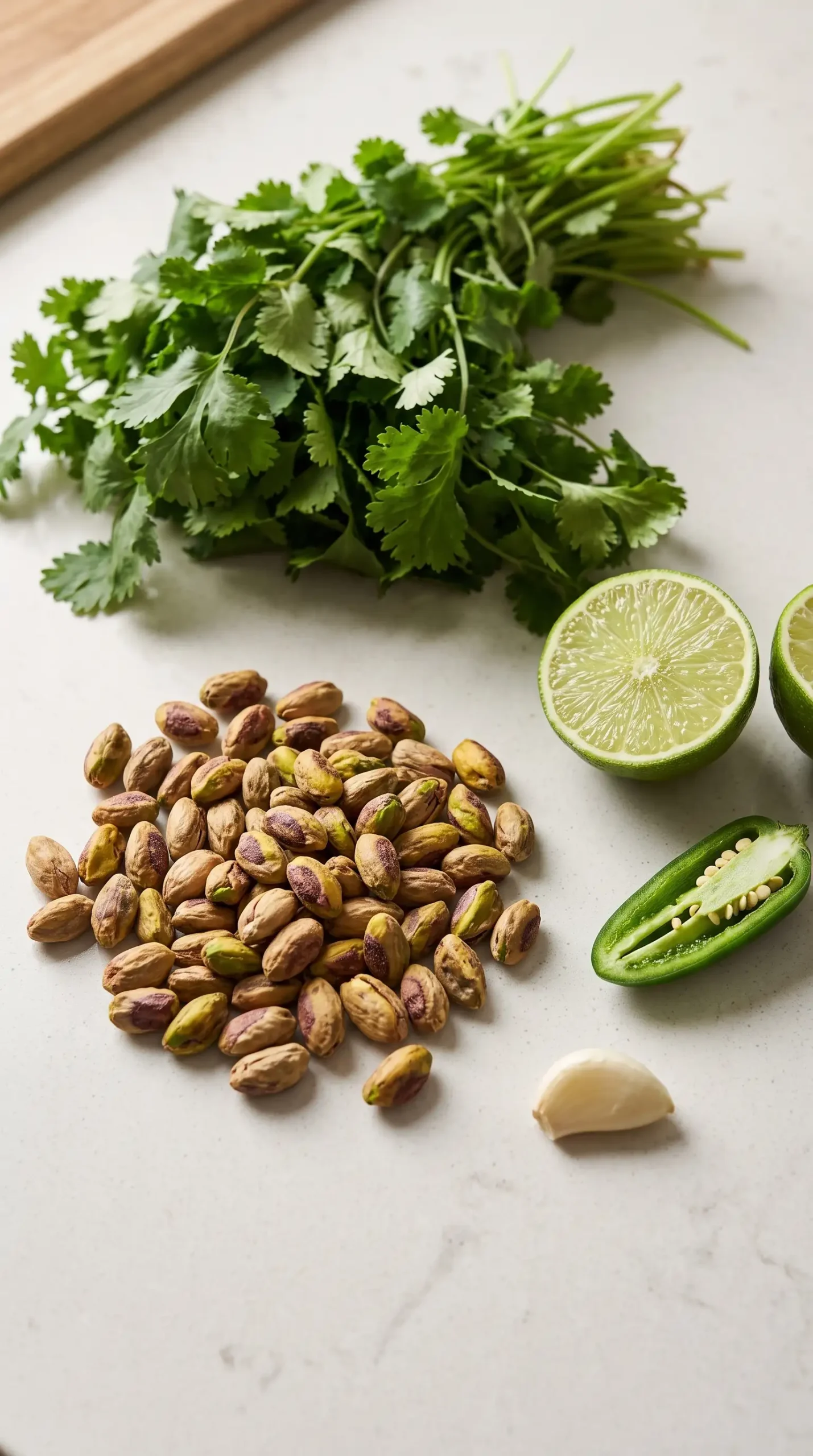 Fresh cilantro, roasted pistachios, lime, jalapeño, and garlic for cilantro pesto