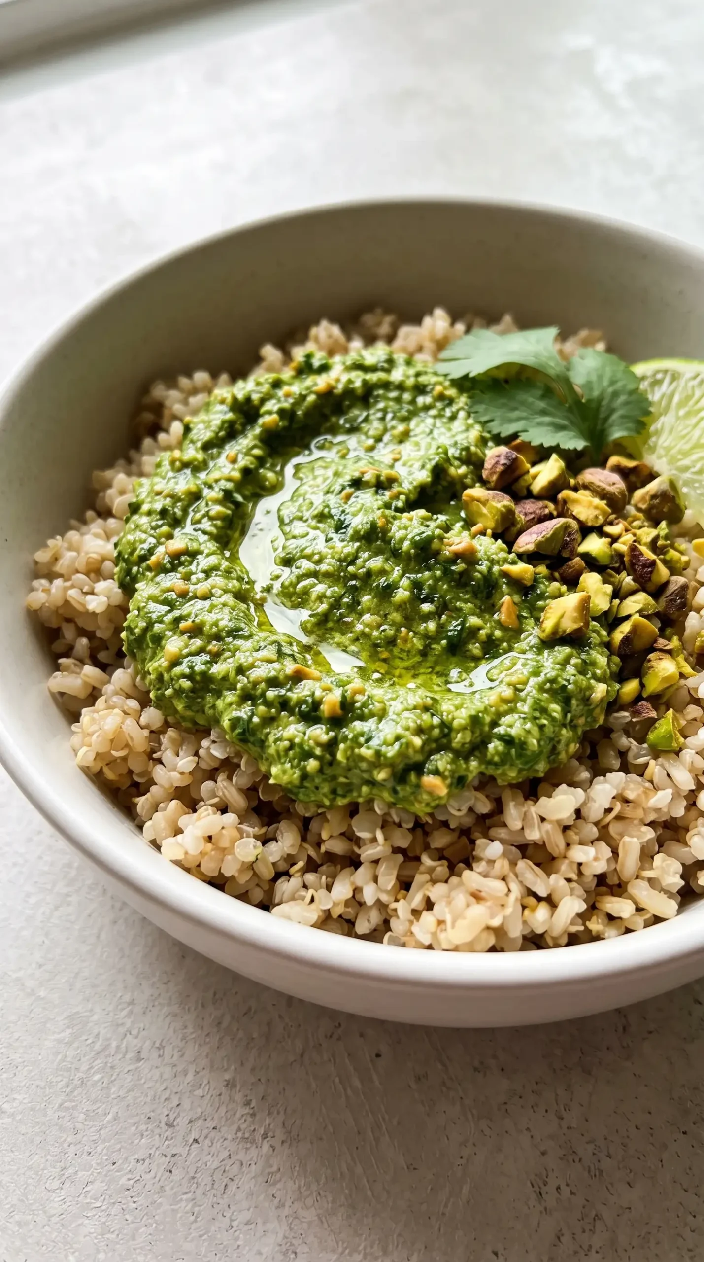 Cilantro pesto spooned over a warm grain bowl with visible pistachio texture