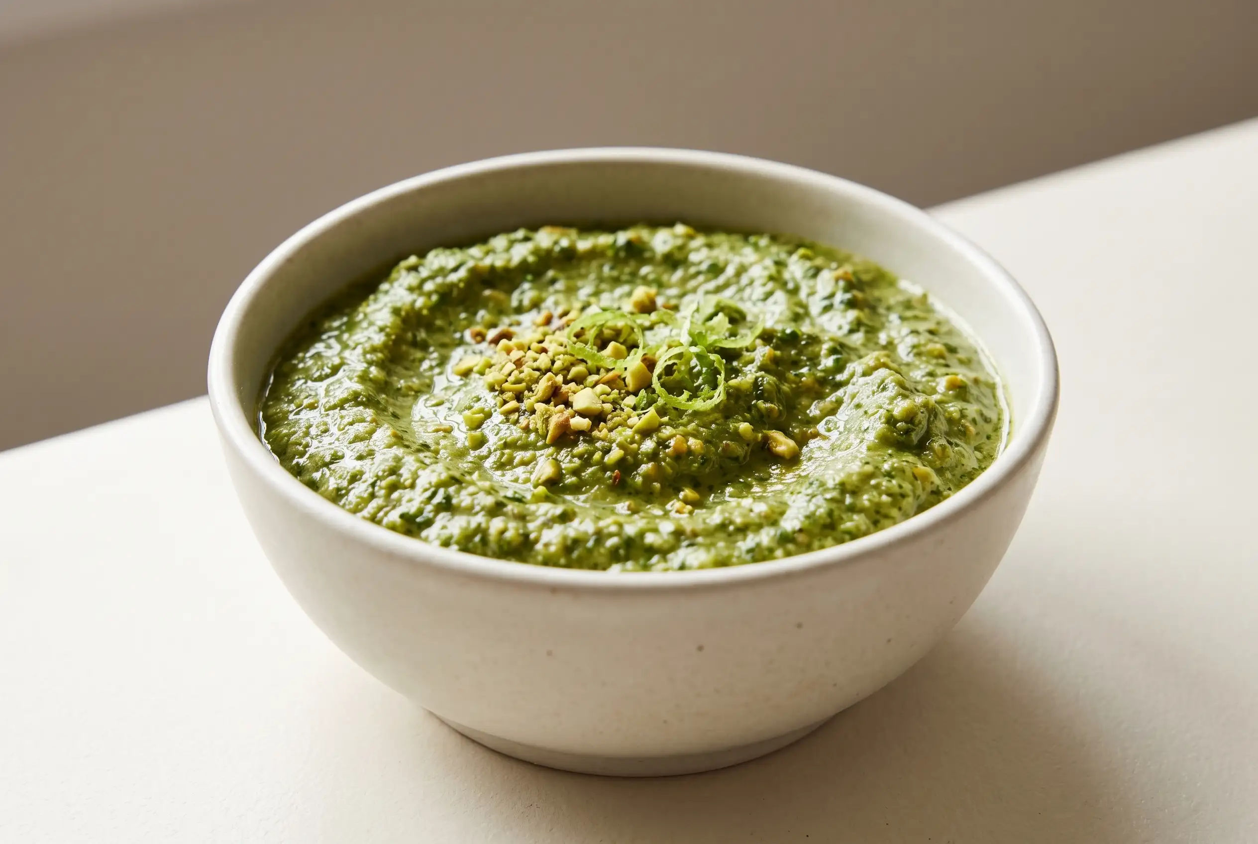 Bowl of cilantro pesto with roasted pistachios, lime, and a rustic green texture