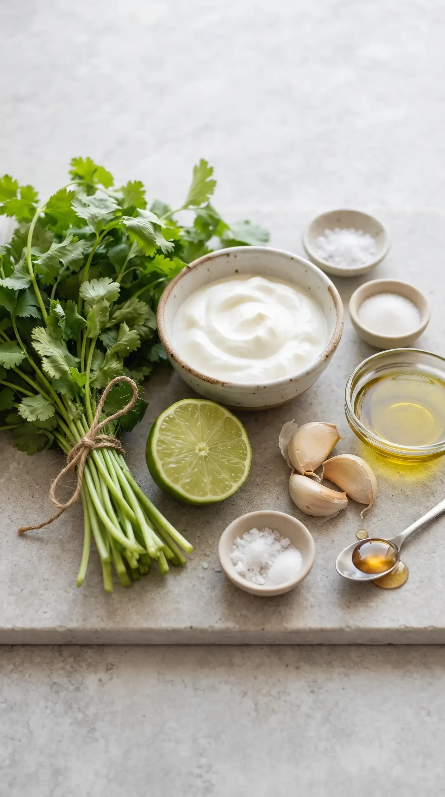 Fresh cilantro, yogurt, lime, garlic, olive oil, and honey for creamy cilantro dressing