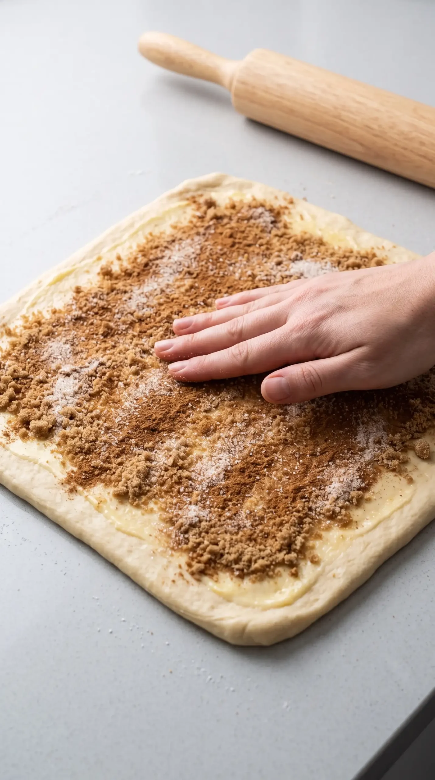 Cinnamon roll dough spread with butter, sugar, and cinnamon before rolling