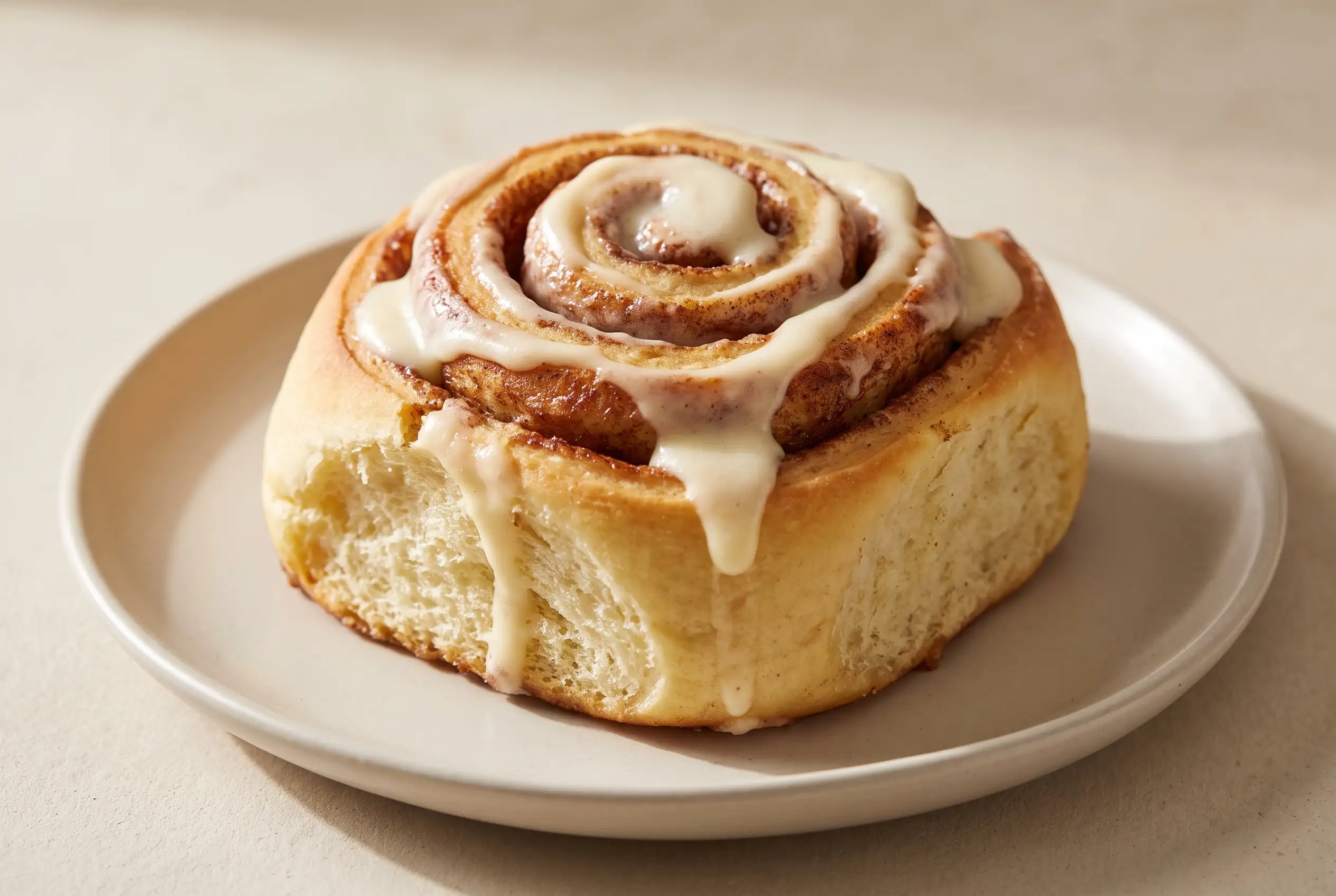 Cinnamon roll with cream cheese frosting showing soft spiral layers on a ceramic plate