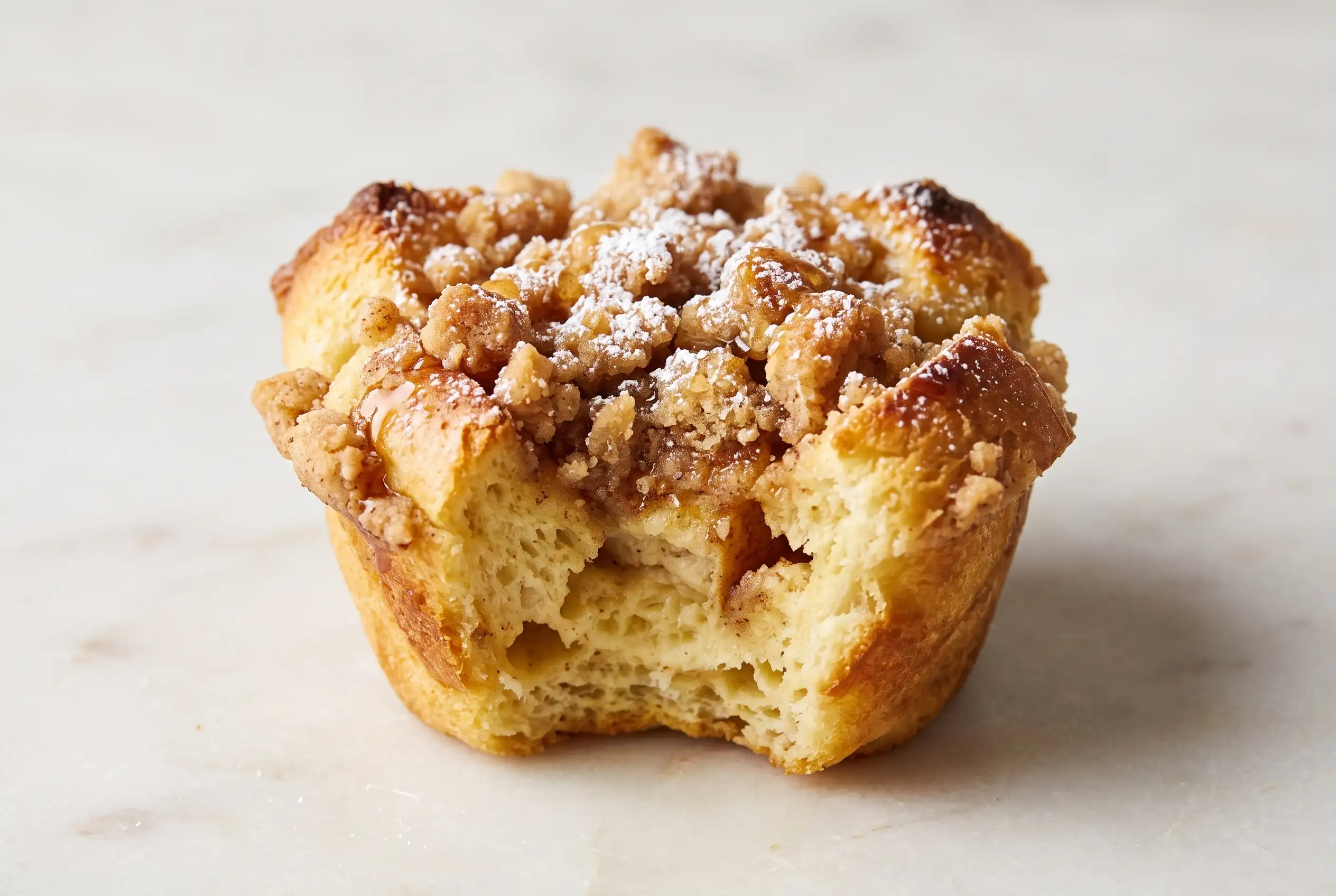 Cinnamon streusel French toast cup with golden bread, crumb topping, powdered sugar, and syrup