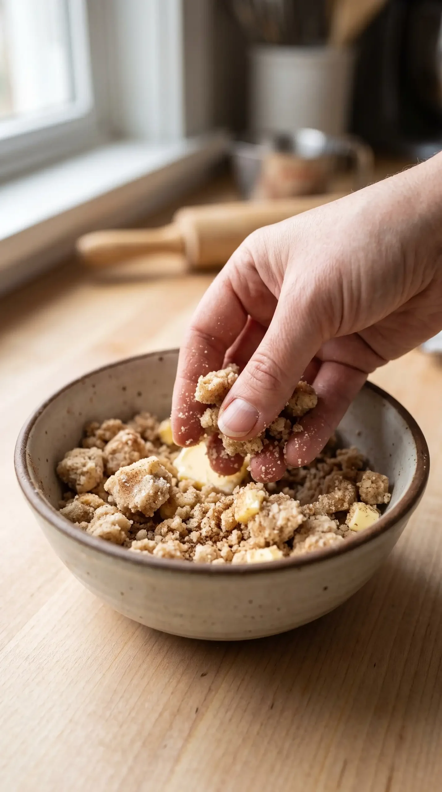 Crumbly cinnamon streusel topping being mixed with butter, flour, and brown sugar
