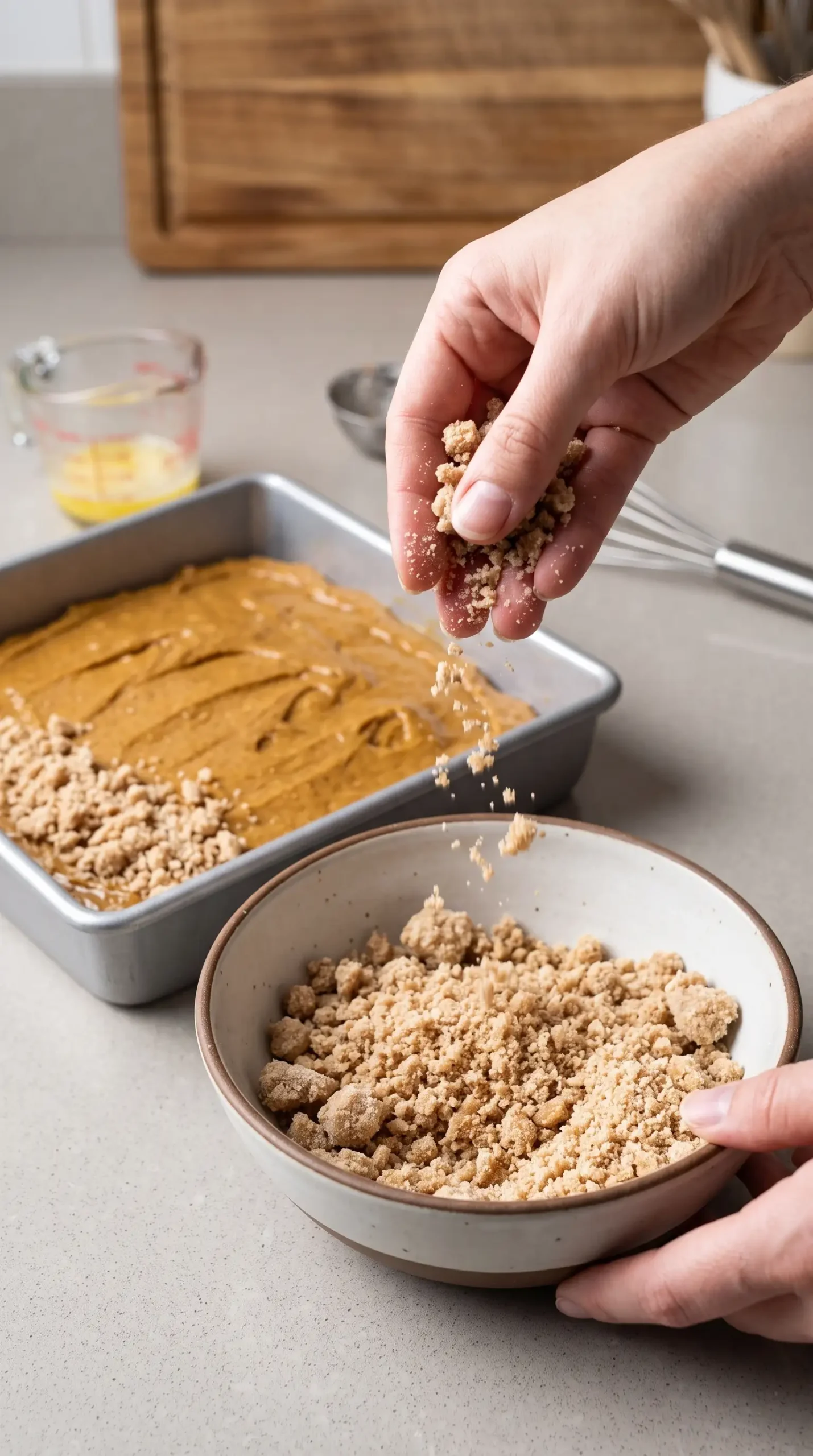 Hands preparing cinnamon streusel crumbs over pumpkin cake batter in a baking dish