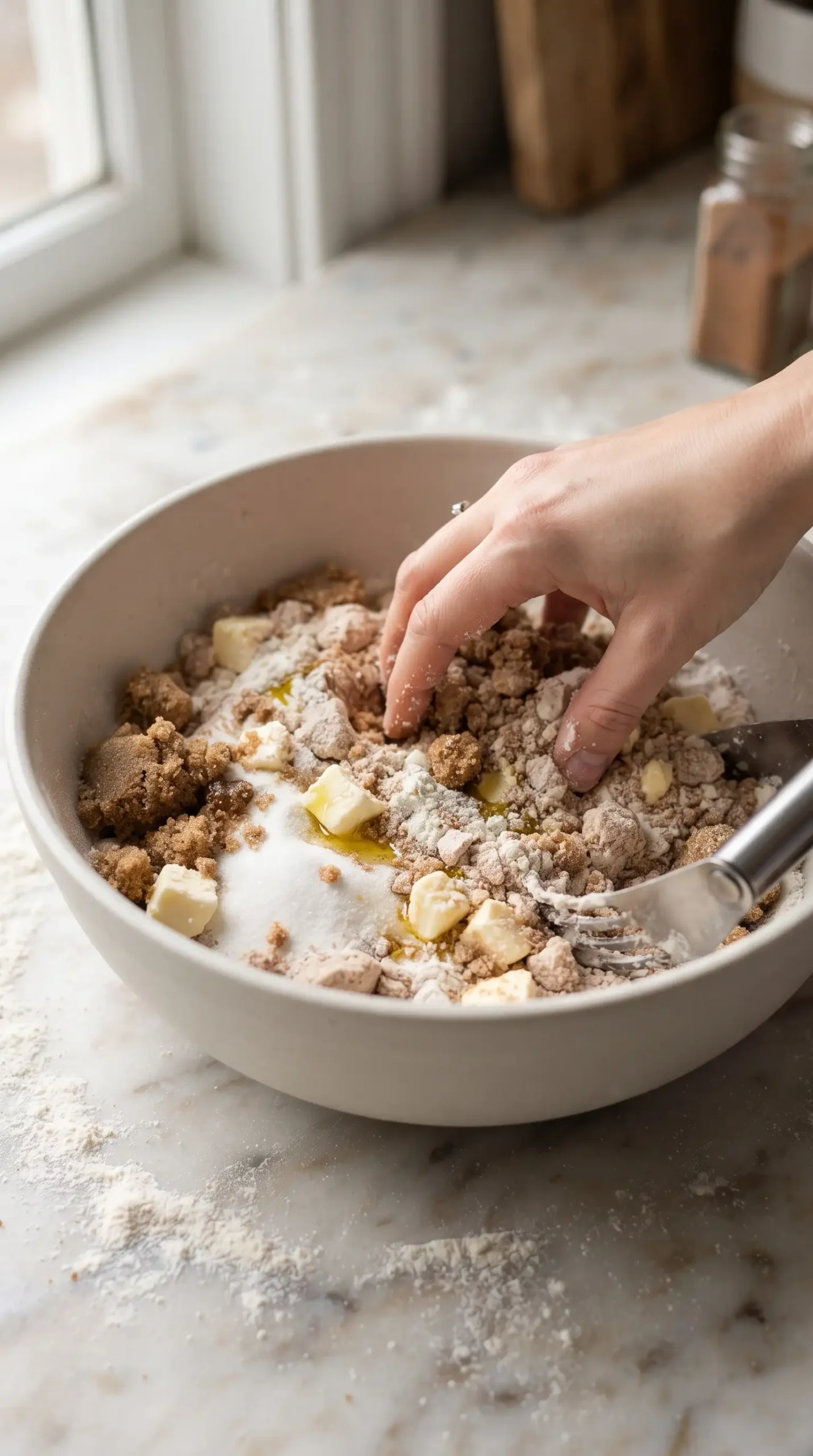 Buttery cinnamon streusel crumbs being mixed in a bowl for dessert pizza topping