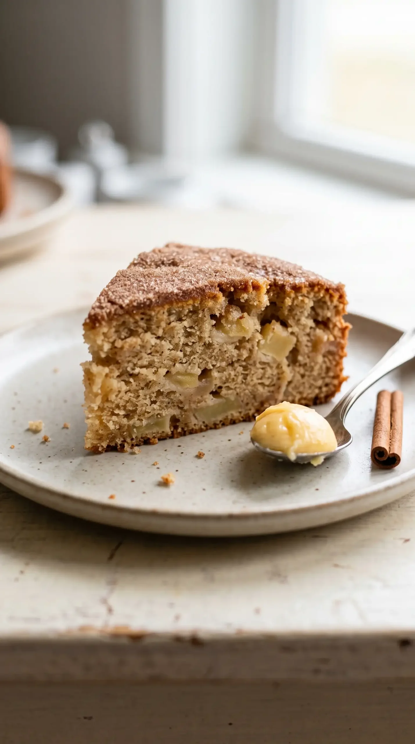 Slice of cinnamon sugar apple cake with Honeycrisp apples and honey butter