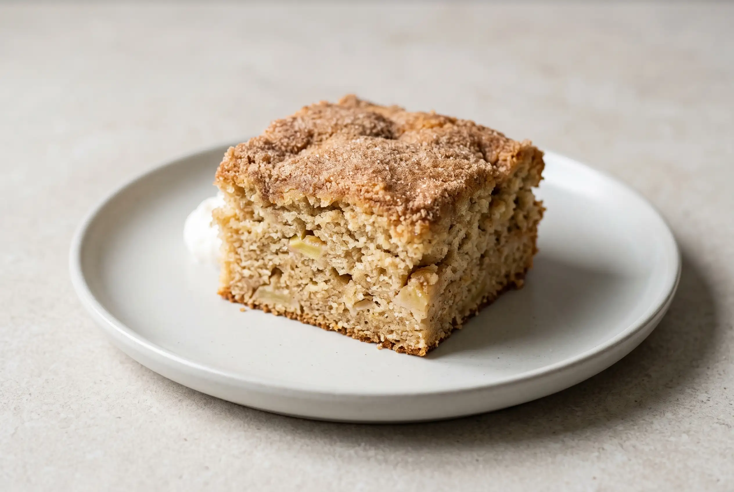 Cinnamon sugar apple cake slice with Honeycrisp apples and crumb topping on a plate