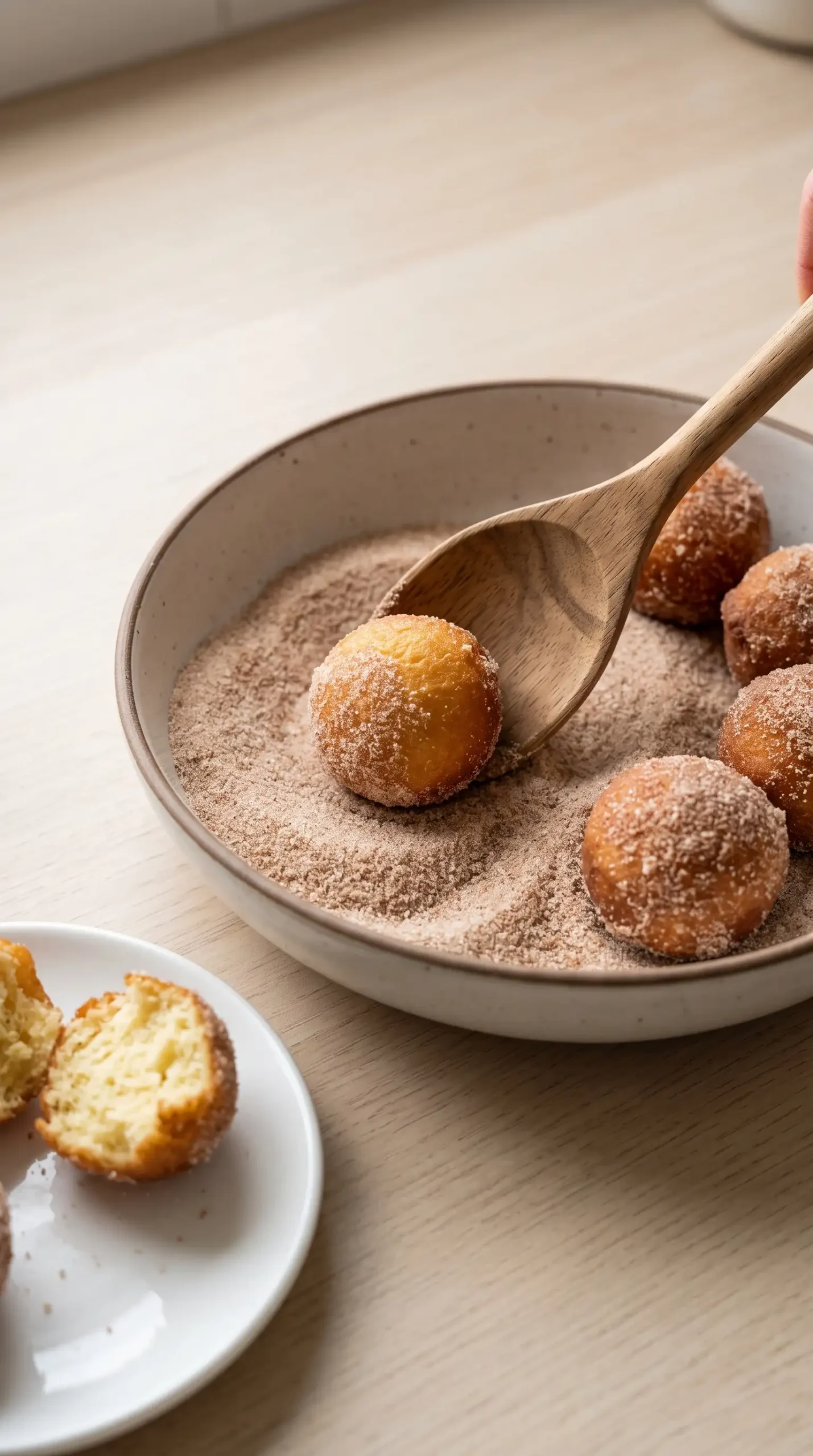 Freshly fried donut balls being coated with cinnamon sugar