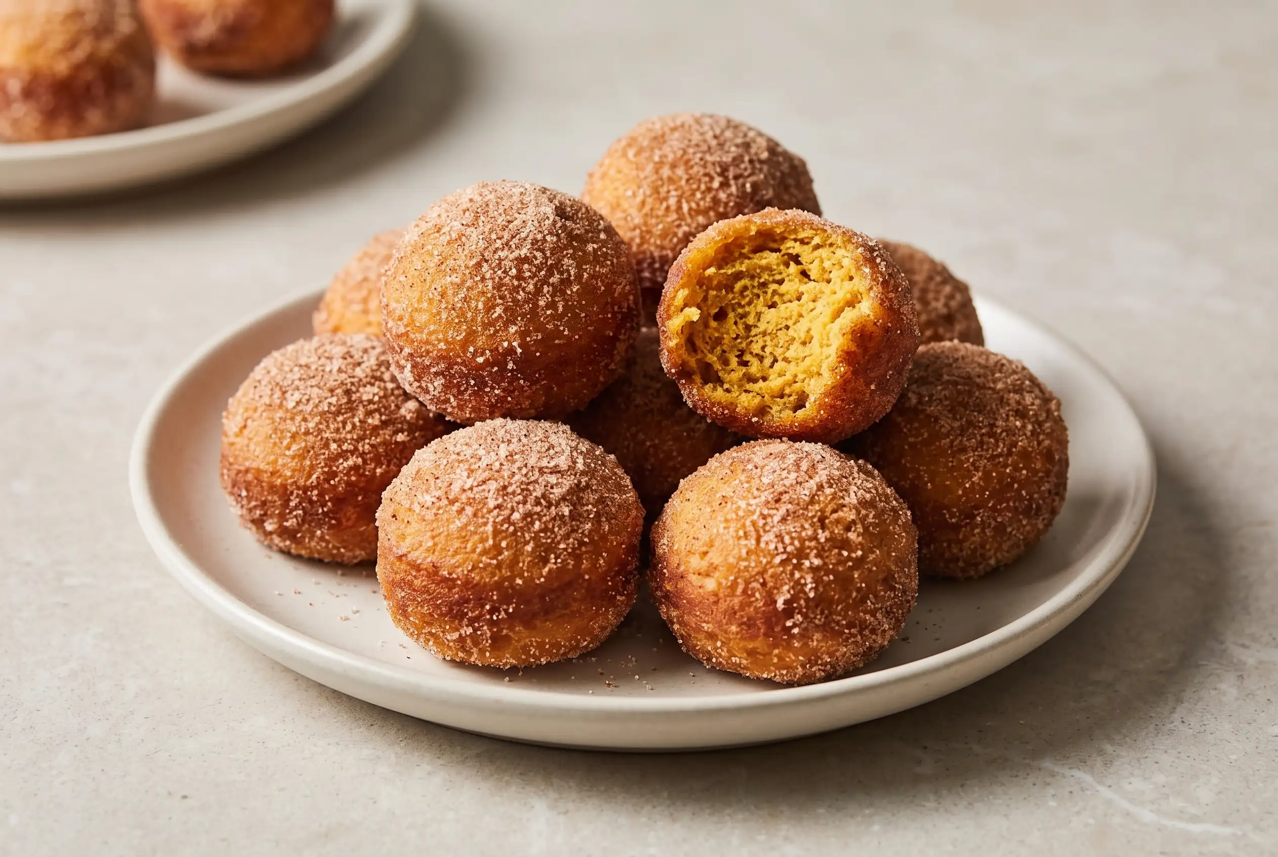 Cinnamon sugar donut balls with pumpkin and spices on a plate with one showing its soft interior