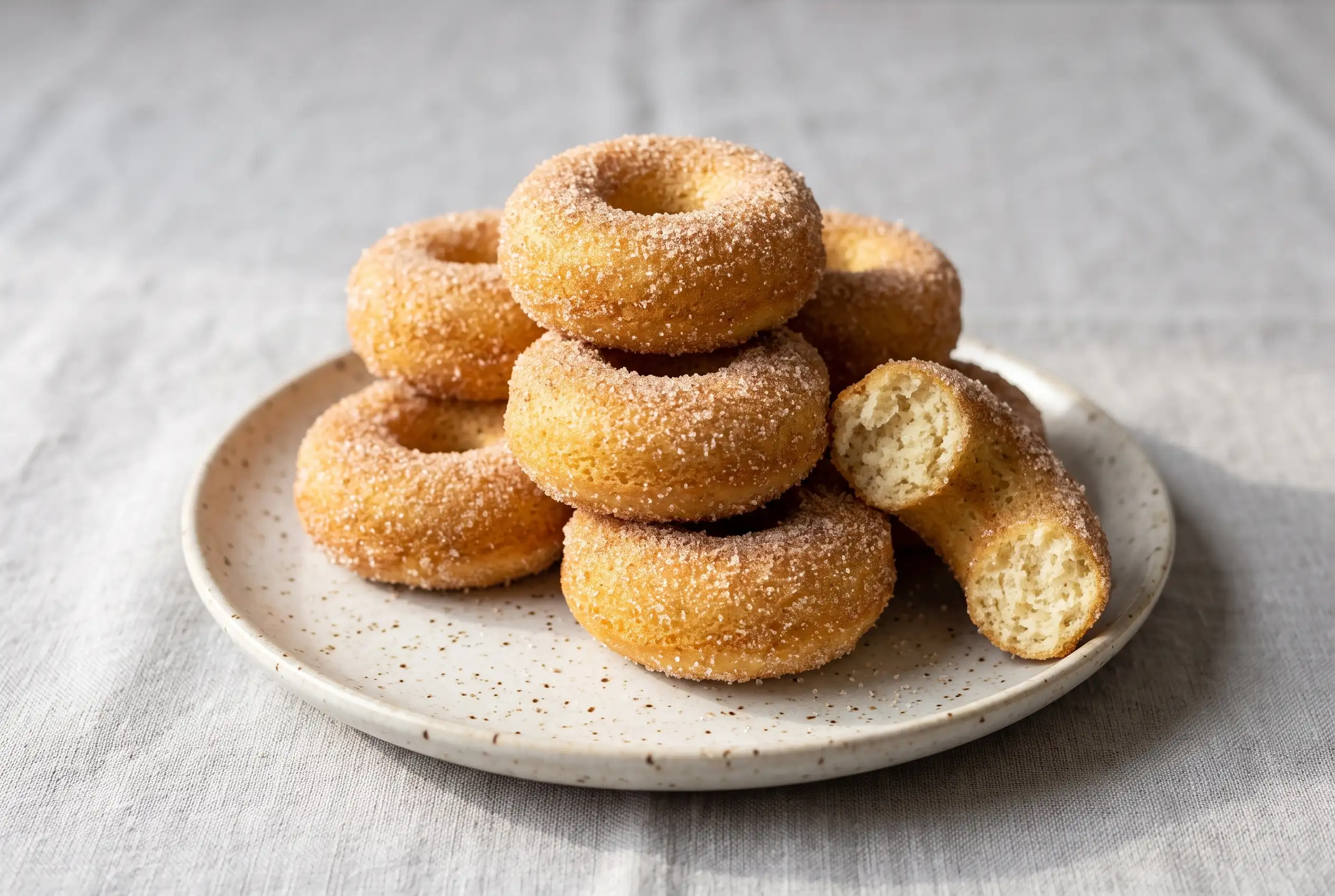 Cinnamon sugar mini donuts stacked on a plate with a golden coating and soft cake-like texture