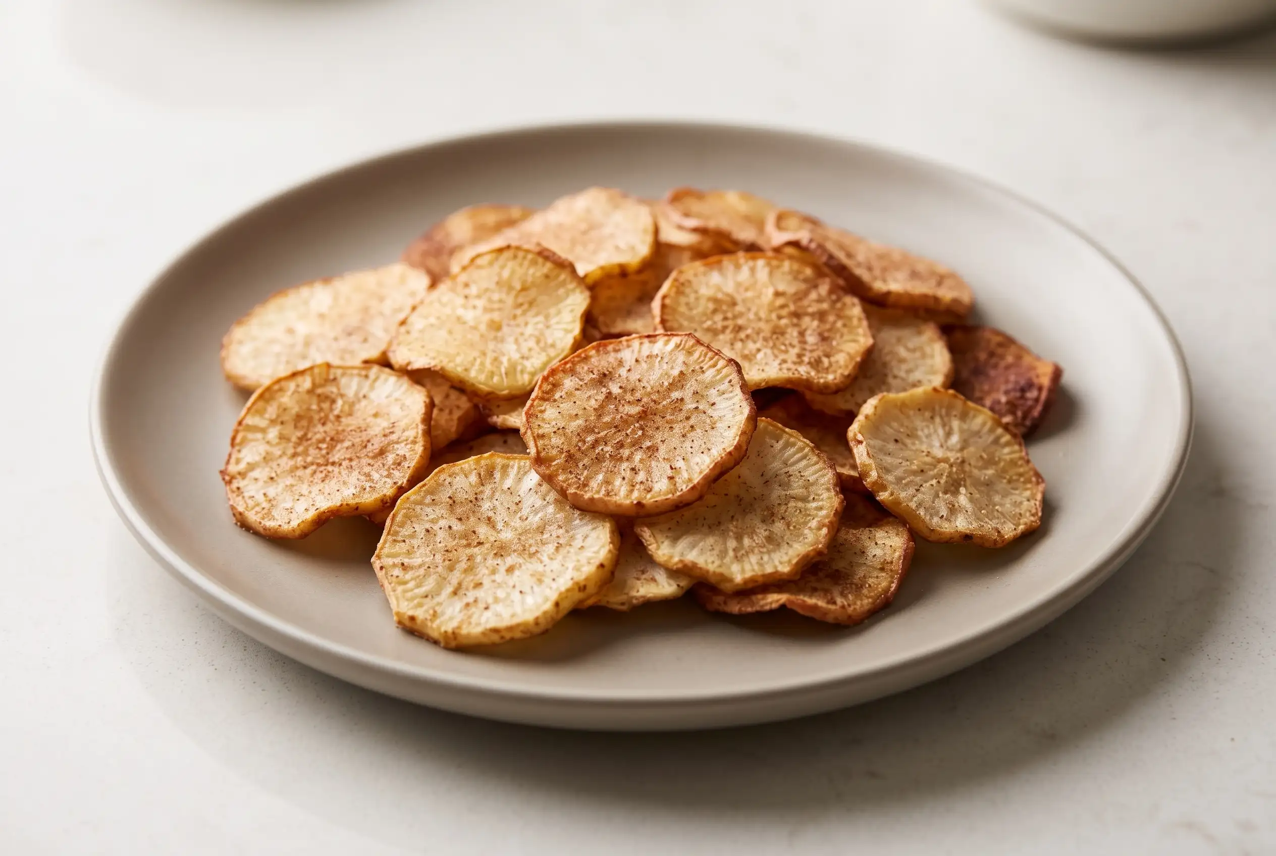 Cinnamon sugar radish chips with honey coating served on a ceramic plate