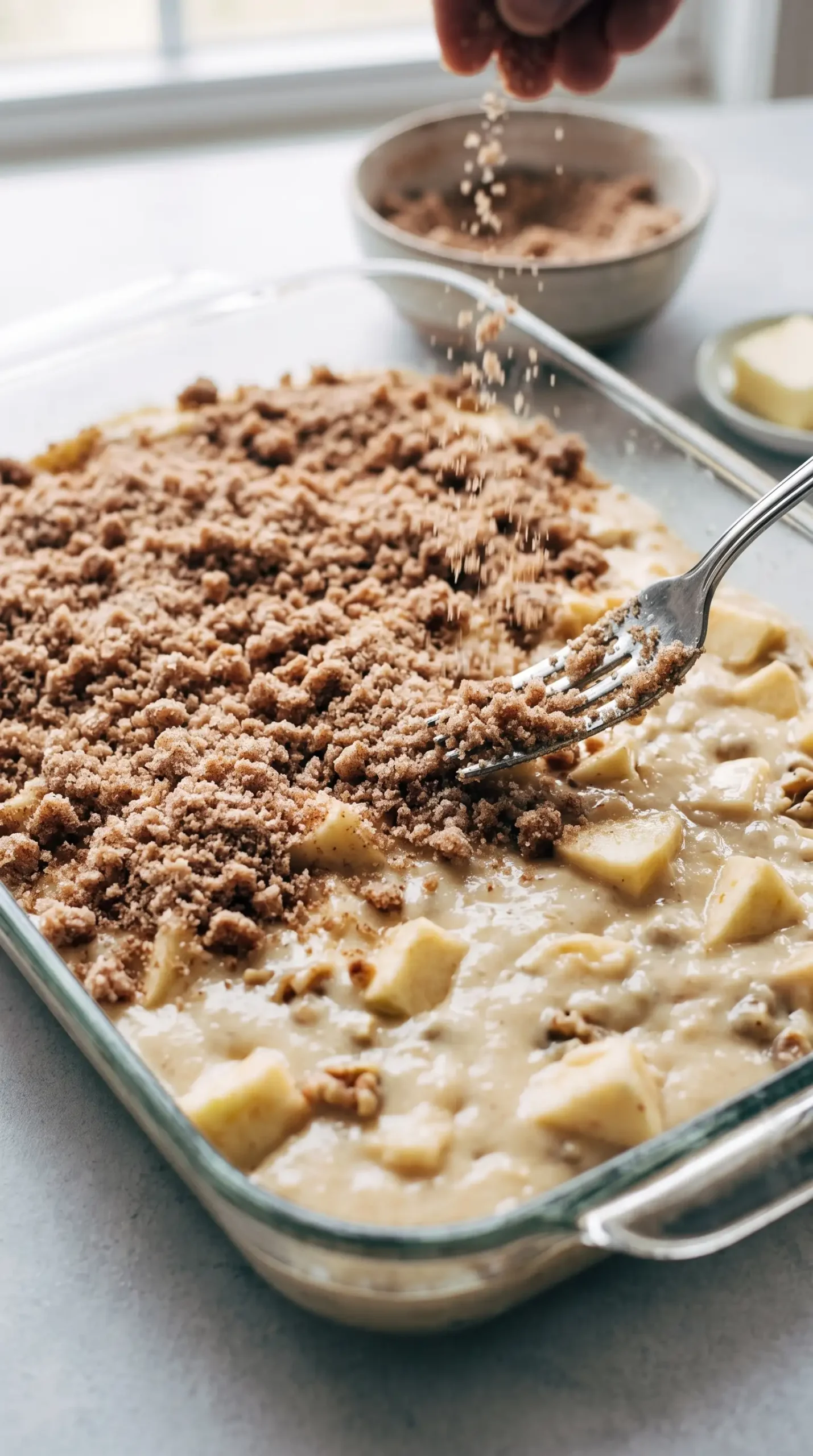 Apple cake batter in pan with cinnamon sugar topping being sprinkled on top