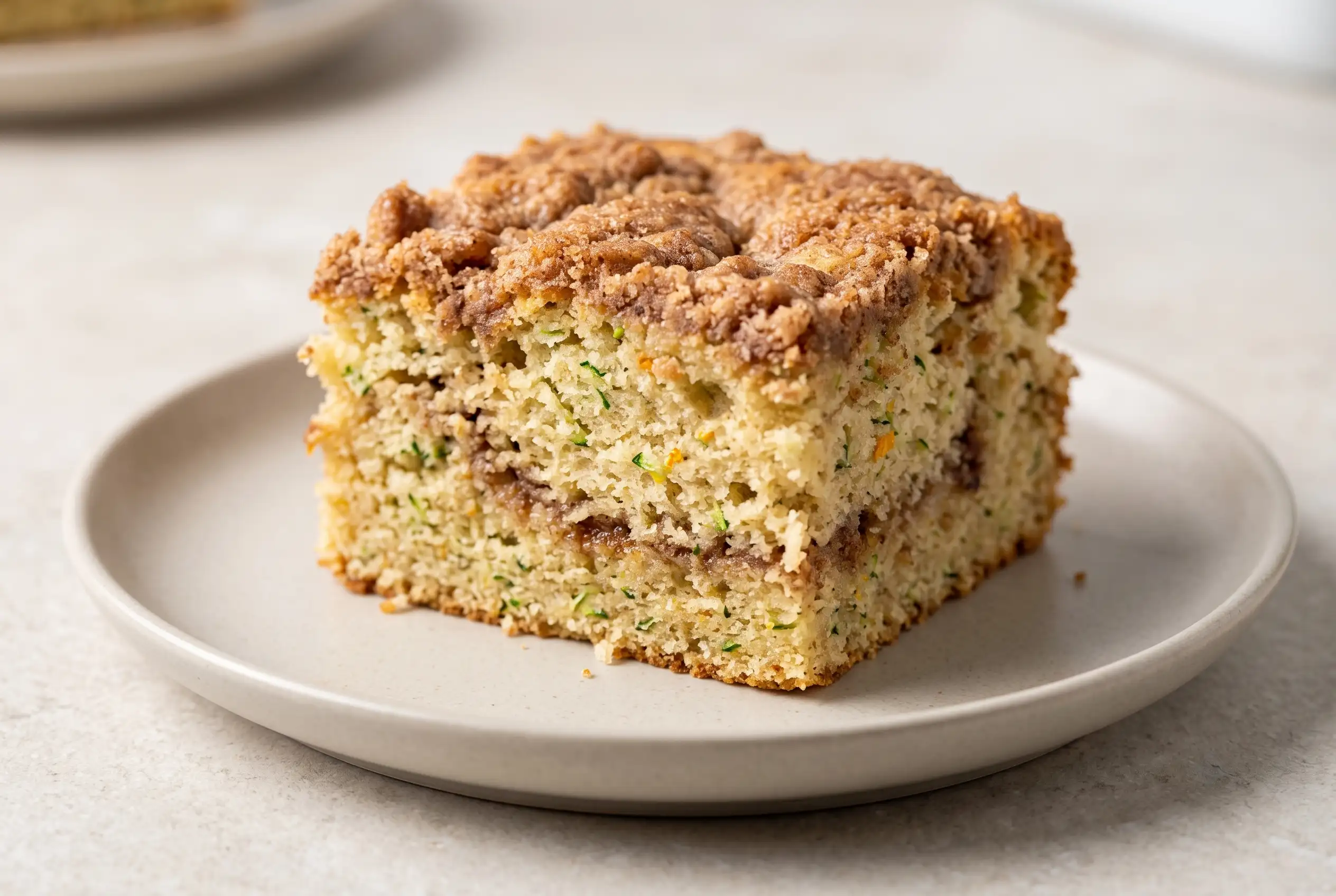 Slice of zucchini coffee cake with cinnamon sugar crumb topping and orange zest flecks