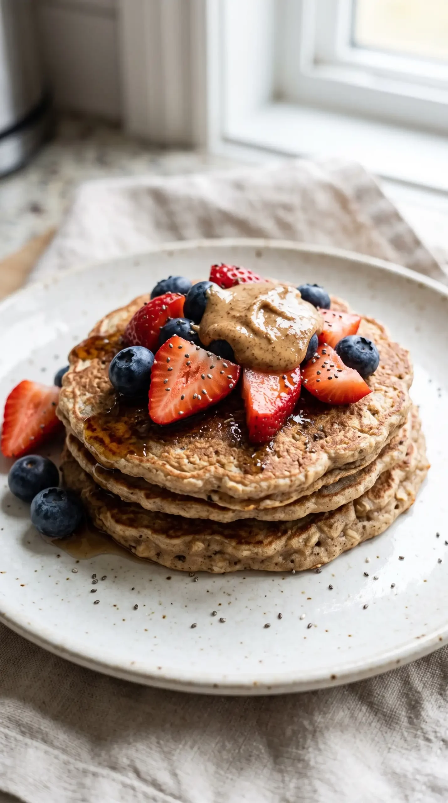 Serving of cinnamon whole grain pancakes topped with fruit, maple syrup, almond butter, and chia seeds