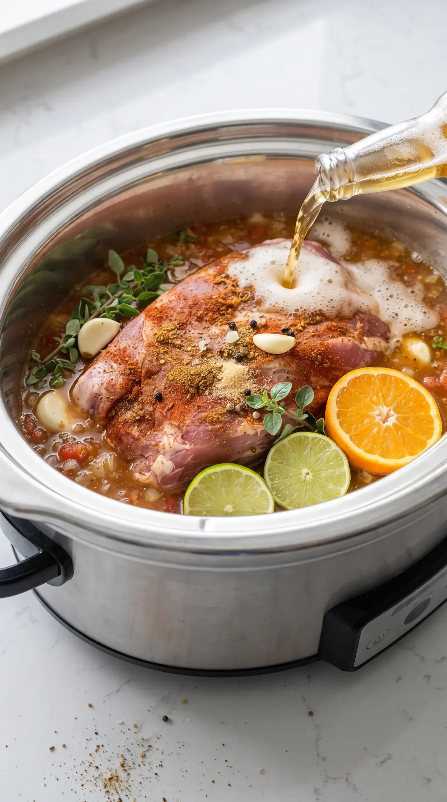Pork shoulder surrounded by citrus beer sauce and spices in a slow cooker