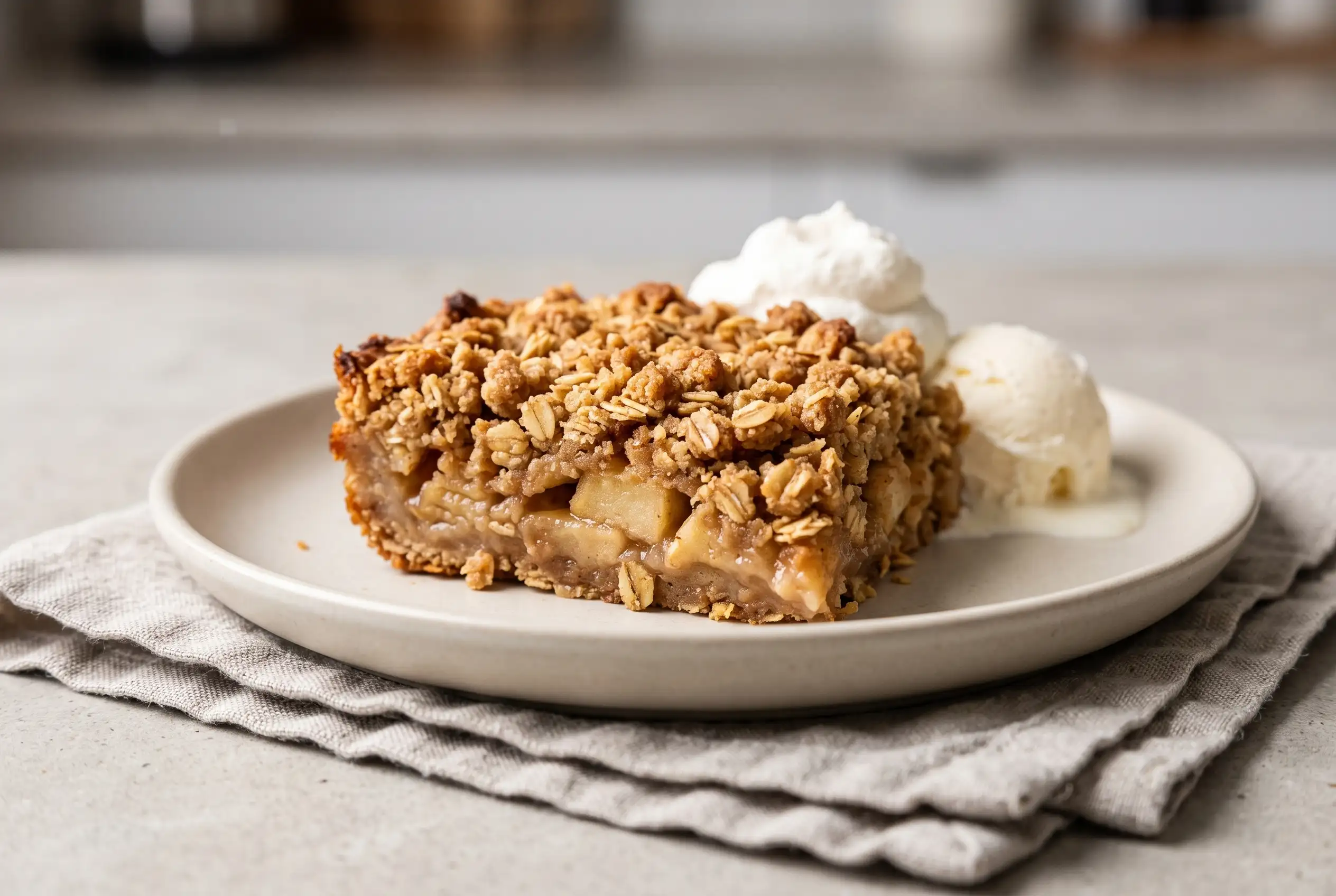 Classic Apple Crisp Serving Classic apple crisp with golden oat topping and brown sugar served with vanilla ice cream