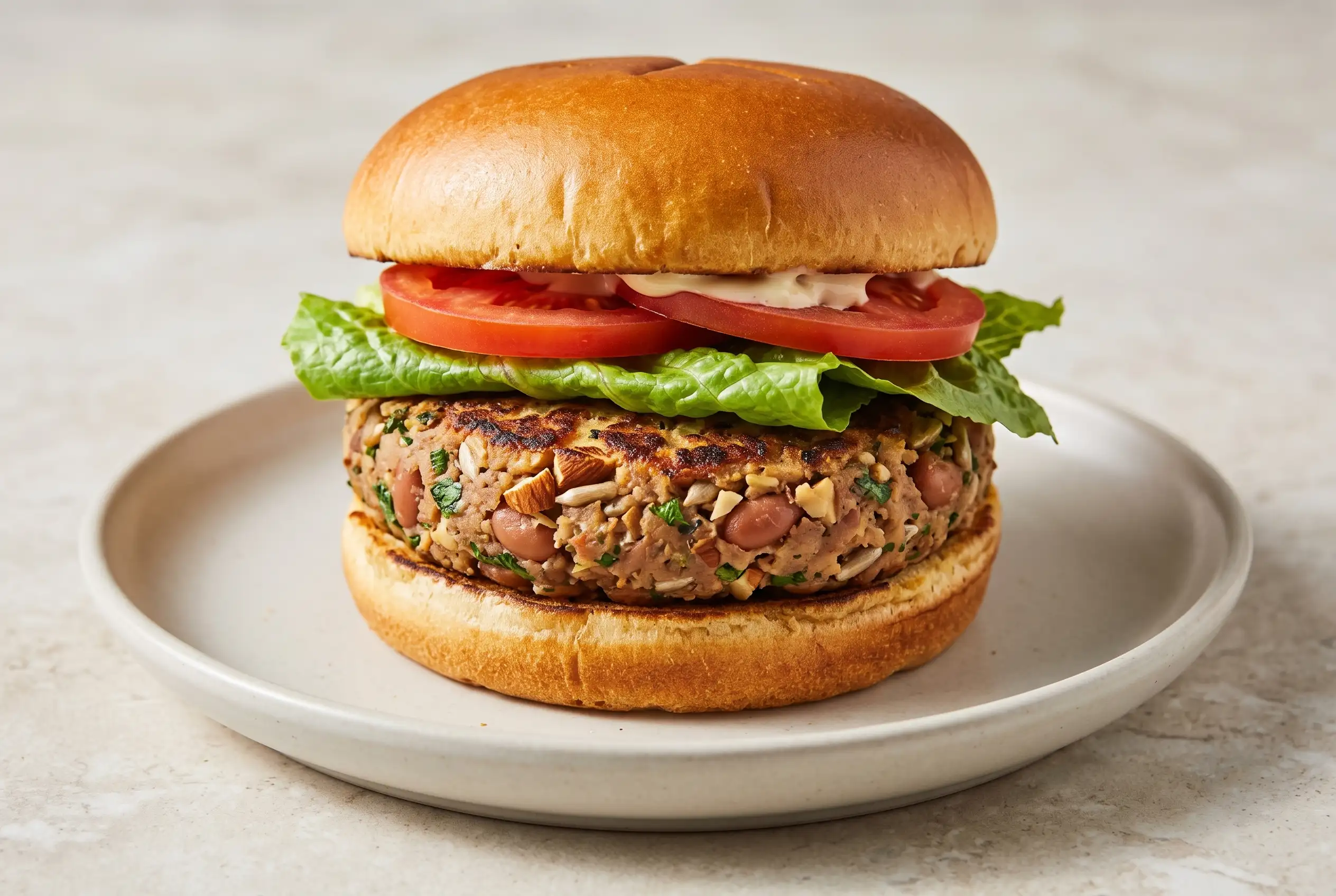 Homemade bean burger with a pinto bean patty, fresh toppings, and a golden grilled exterior