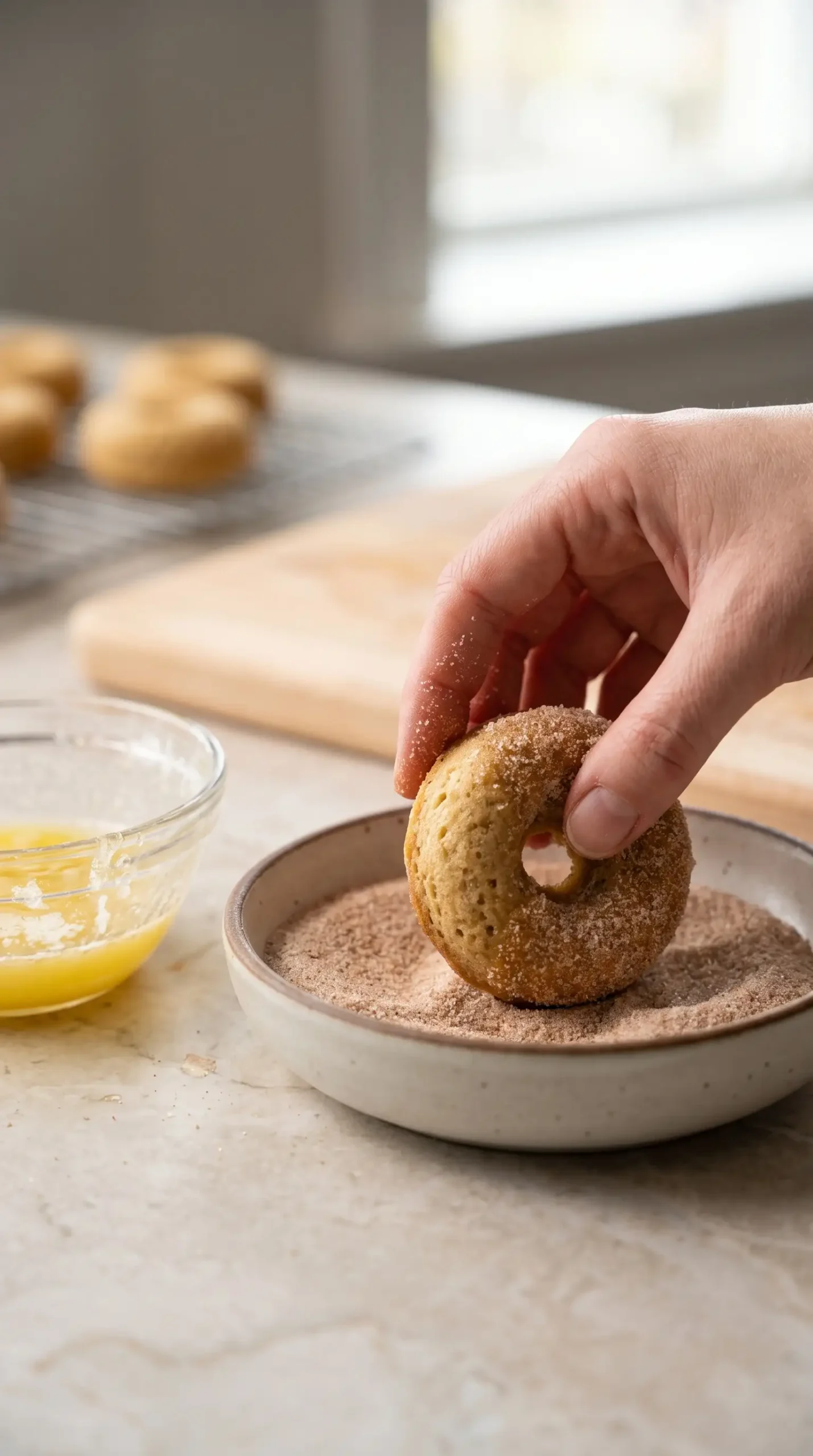 Mini donuts being dipped in butter and coated with cinnamon sugar for finishing