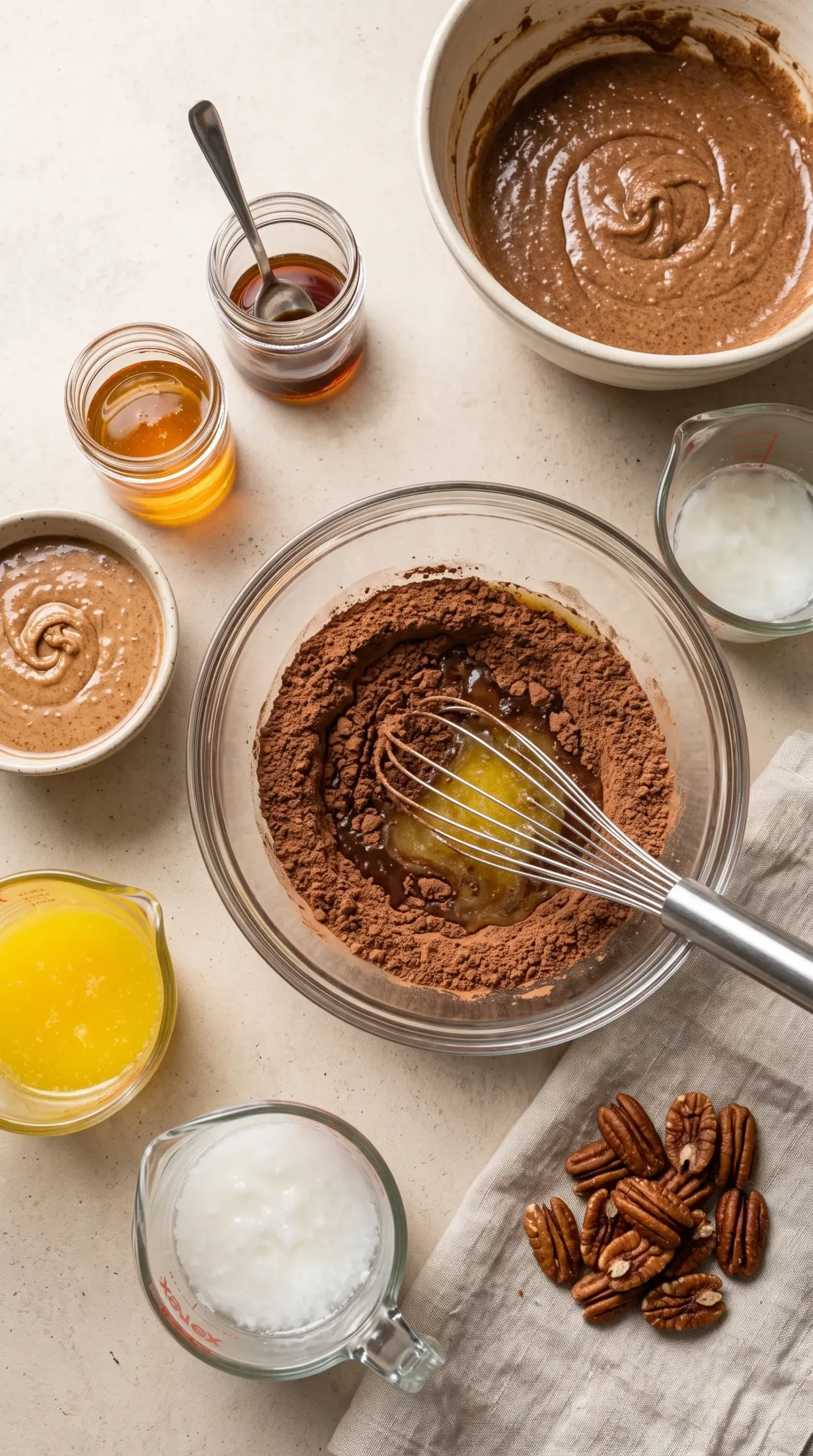Cocoa, almond butter, pecans, and baking ingredients prepared for dessert layers