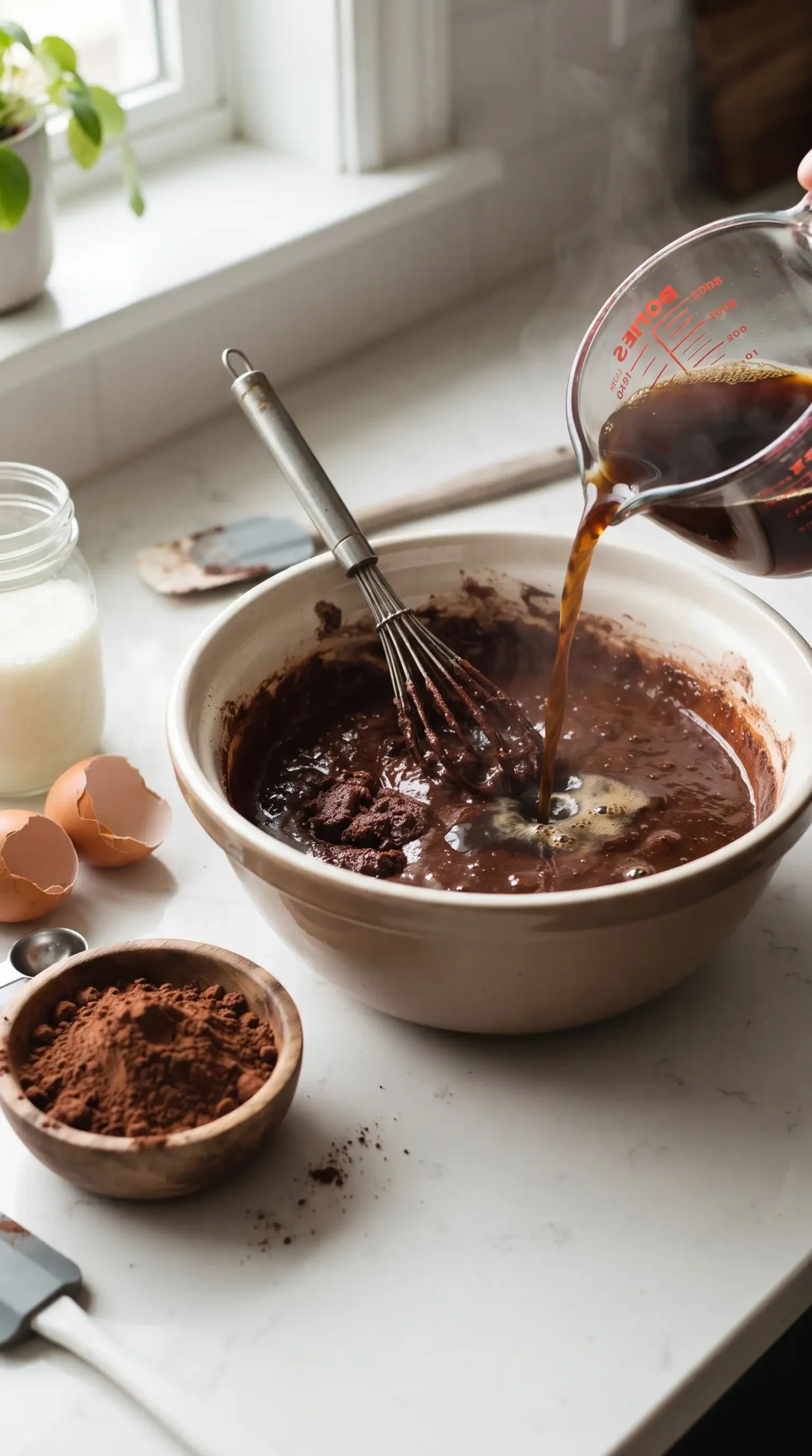 Hot coffee poured into cocoa cake batter beside flour, cocoa powder, eggs, and buttermilk
