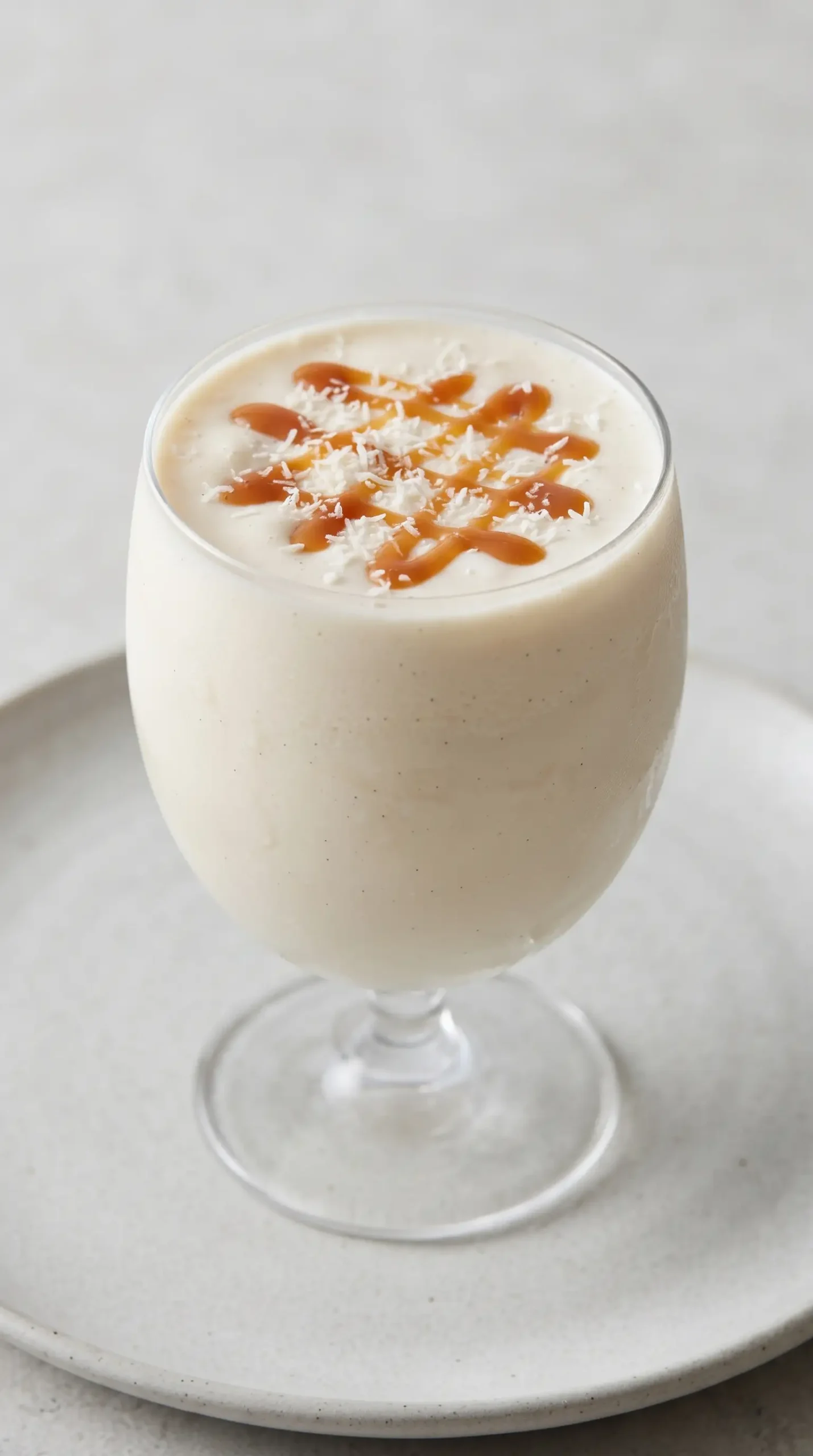 Finished coconut caramel malt topped with caramel drizzle and shredded coconut