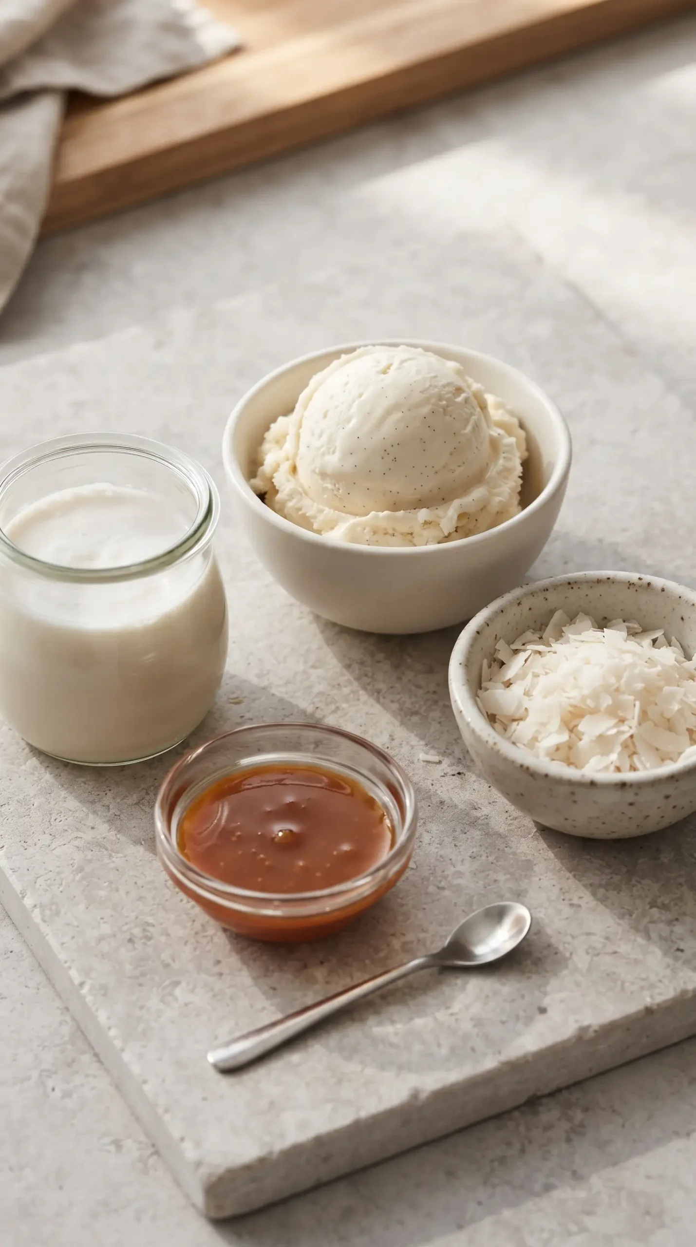 Vanilla bean ice cream, coconut milk, shredded coconut, and caramel for a coconut caramel malt