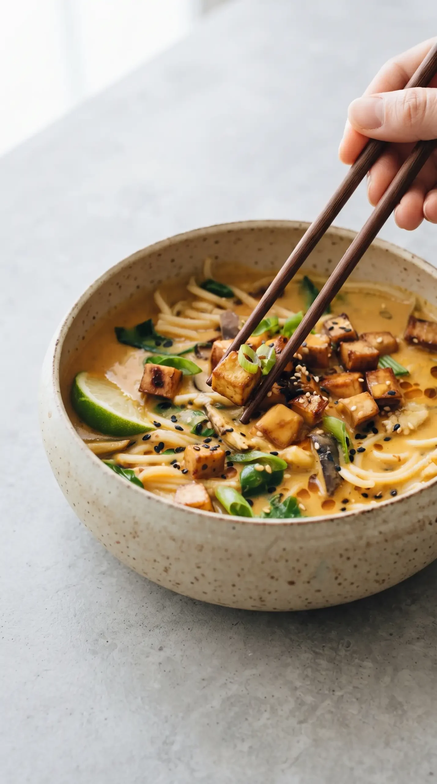 Coconut curry ramen finished with tofu, green onions, sesame seeds, and oil