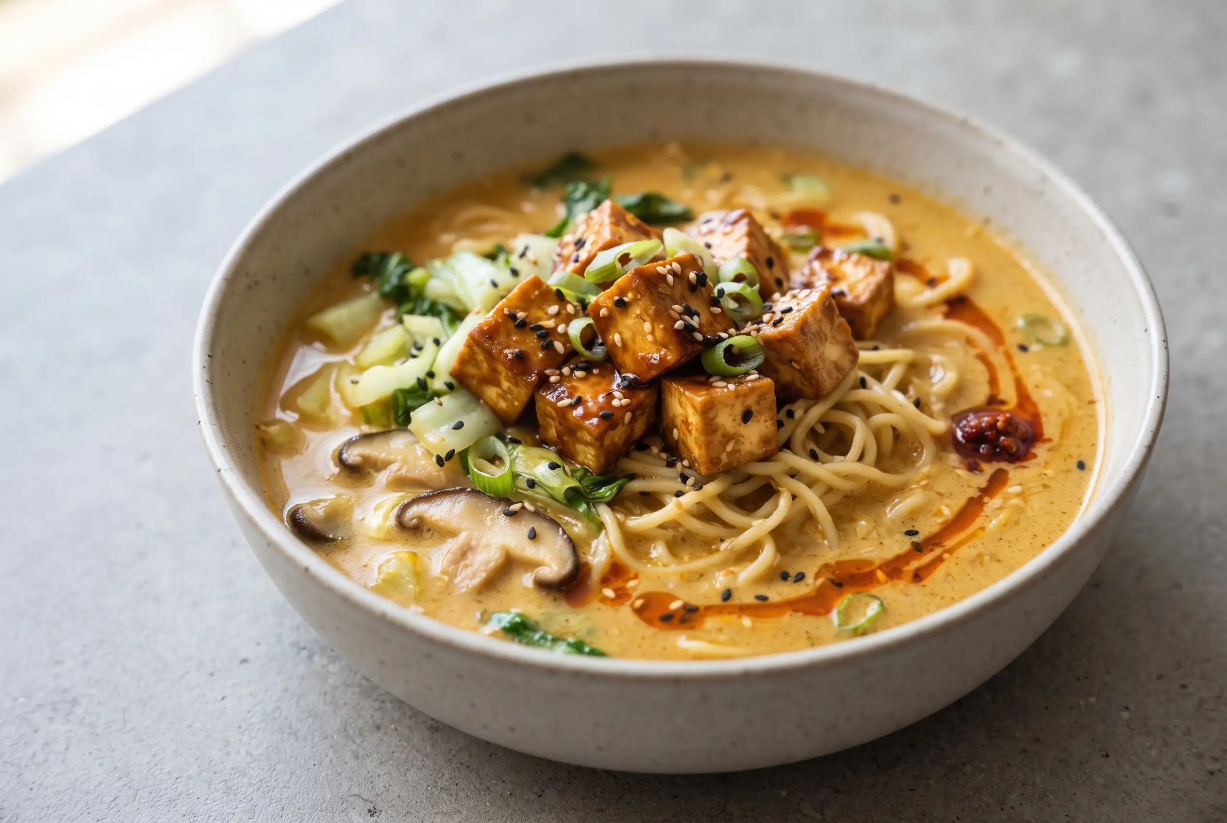 Coconut curry ramen with crisp tofu, vegetables, and creamy coconut curry broth