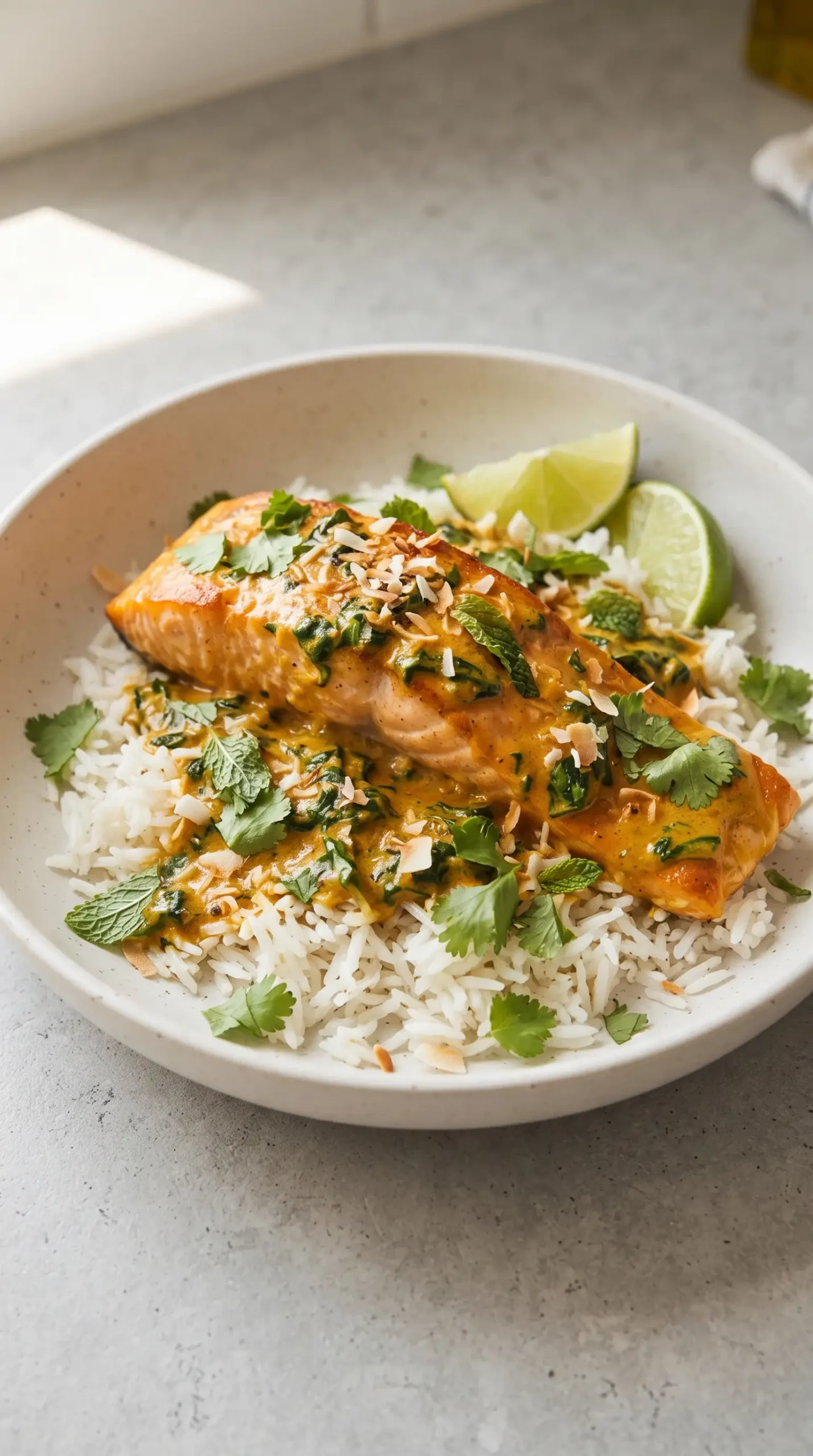 Coconut curry salmon served with rice, creamy sauce, herbs, and lime