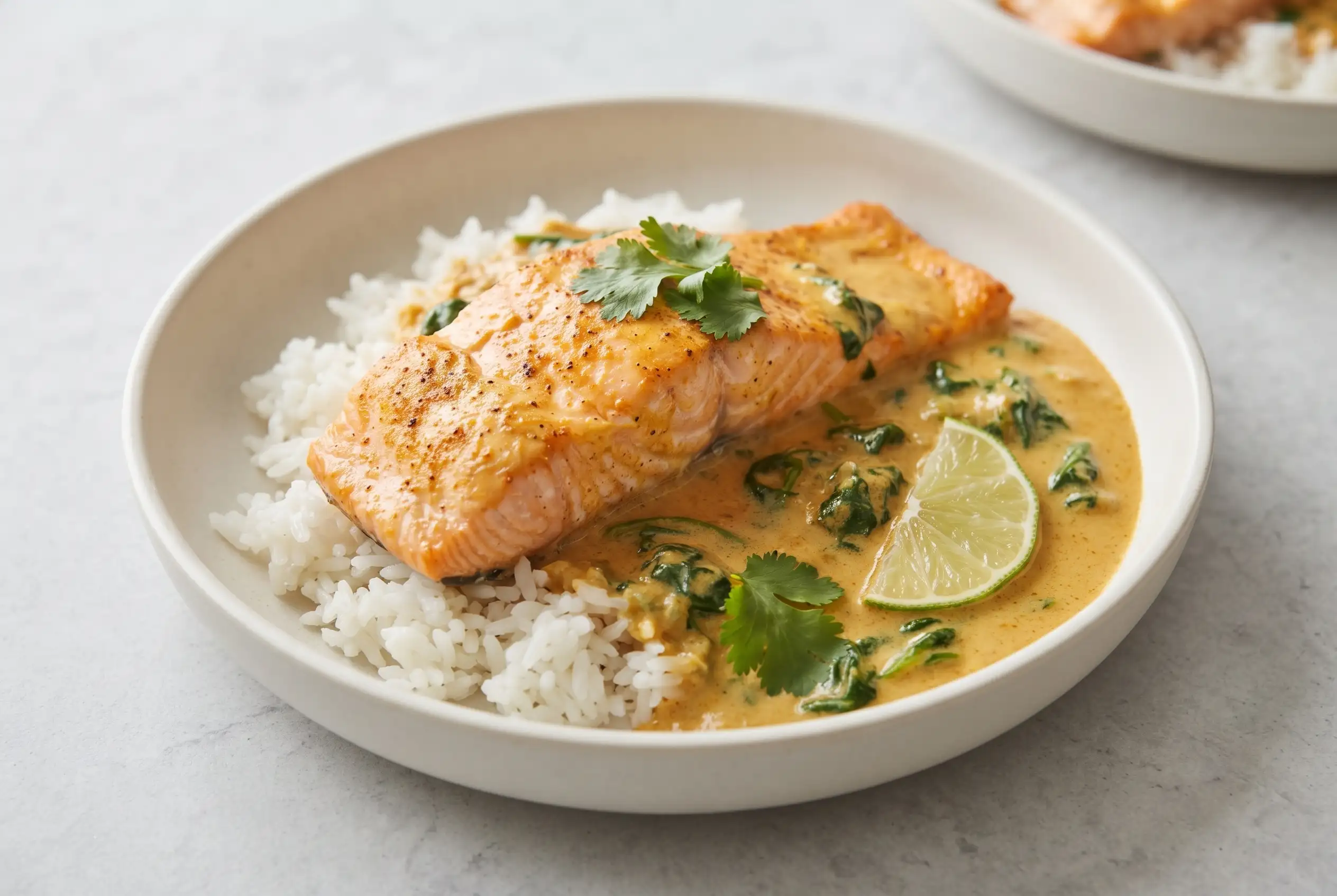 Coconut curry salmon with creamy coconut sauce, rice, spinach, herbs, and lime